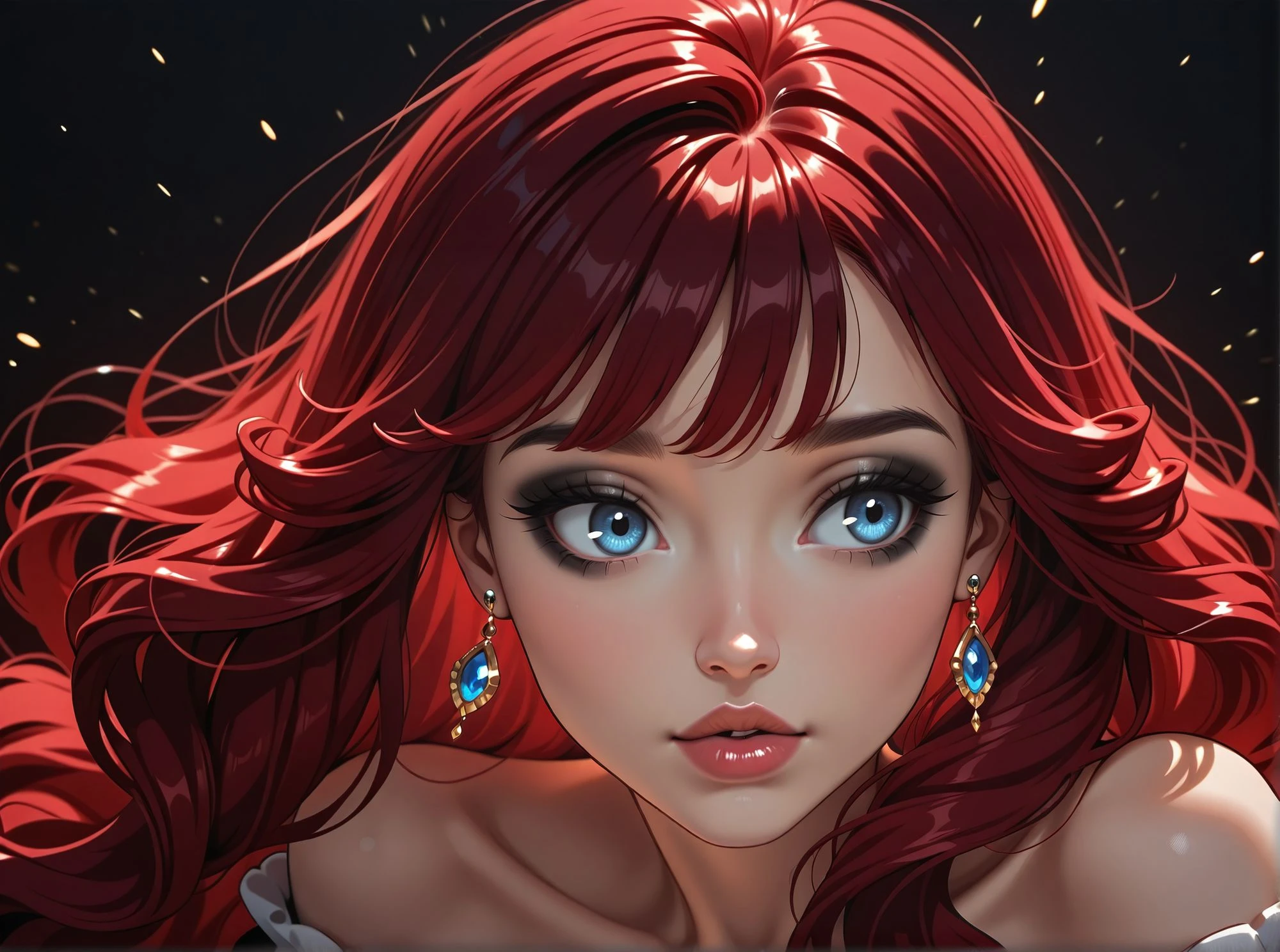 a close up of a woman with red hair and a bra top, a portrait by Joe Bowler, reddit, digital art, amouranth, better known as amouranth, amouranth as a super villain, young beautiful amouranth, ginger wavy hair, long wavy orange hair, orange glowing hair, orange skin and long fiery hair, flowing ginger hair