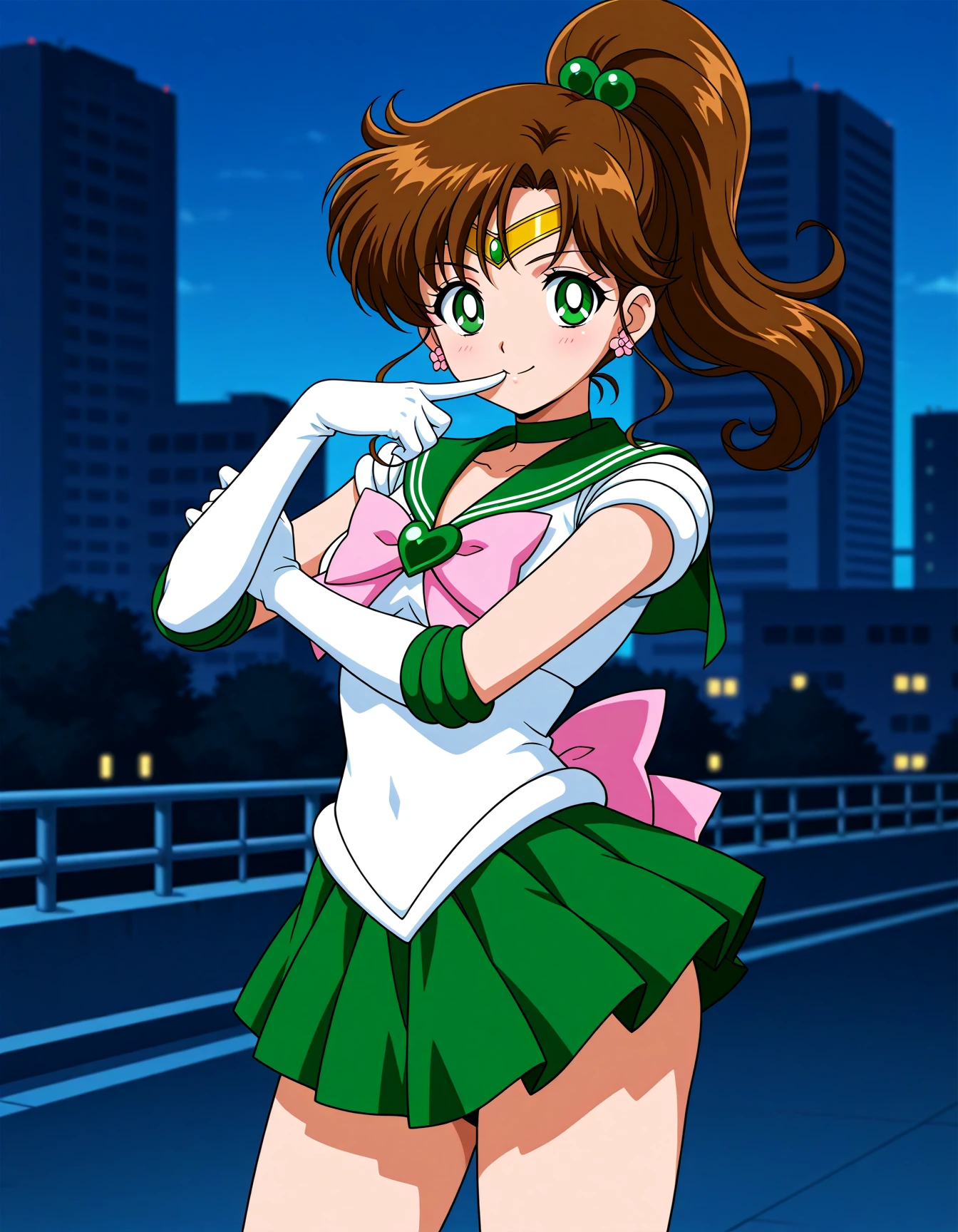 <lora:dmd2-lighting8step_cfg1.5:1>,official style,masterpiece,best quality,newest,very aesthetic,highly detailed,high resolution,absurdres,highres,depth of field,super detailed skin,very awa,Anime,anime coloring,anime screencap,<lora:Sailor_jupiter_V4:1>,solo,brown hair,green eyes,medium hair,ponytail,parted bangs,hair ornament,hair bobbles,earrings,flower earrings,green gemstone,circlet,green sailor collar,jewelry,green choker,pink bowtie,bowtie,pink bow,heart brooch,back bow,long back bow,leotard,green skirt,miniskirt,pleated skirt,skirt,short sleeves,white gloves,elbow gloves,gloves,smile,posing,stylish_pose,sailor jupiter,city,finger_in_mouth,