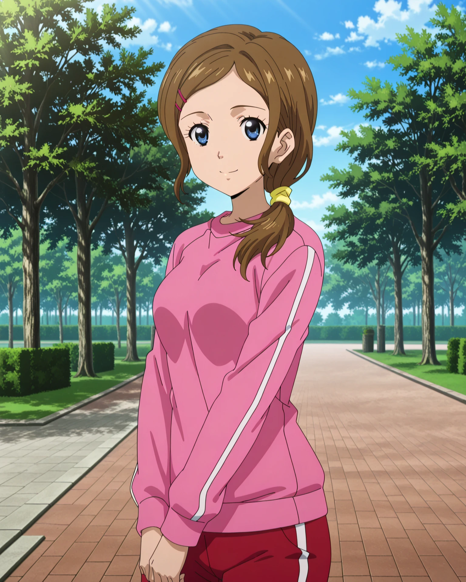 4k, ultra-detailed, absurdres, high resolution, beautiful lighting, cinematic composition, sharp focus, newest, (masterpiece:1.3), (best quality:1.3), (anime screencap:1.5),
highly detailed shading, soft shading, glossy skin, realistic proportions, standing,cowboy shot,looking at viewer, smile,
soft lighting, blurred background, outdoors, park,blue sky, solo,
petite, dynamic pose, <lora:susamix010-pony:0.6> (anime coloring),
<lora:AddMicroDetails_Illustrious:0.3> addmicrodetails,
<lora:Sakiko_Takashima__SKET_Dance:1> sakikotakashima, track suit, (medium breasts)