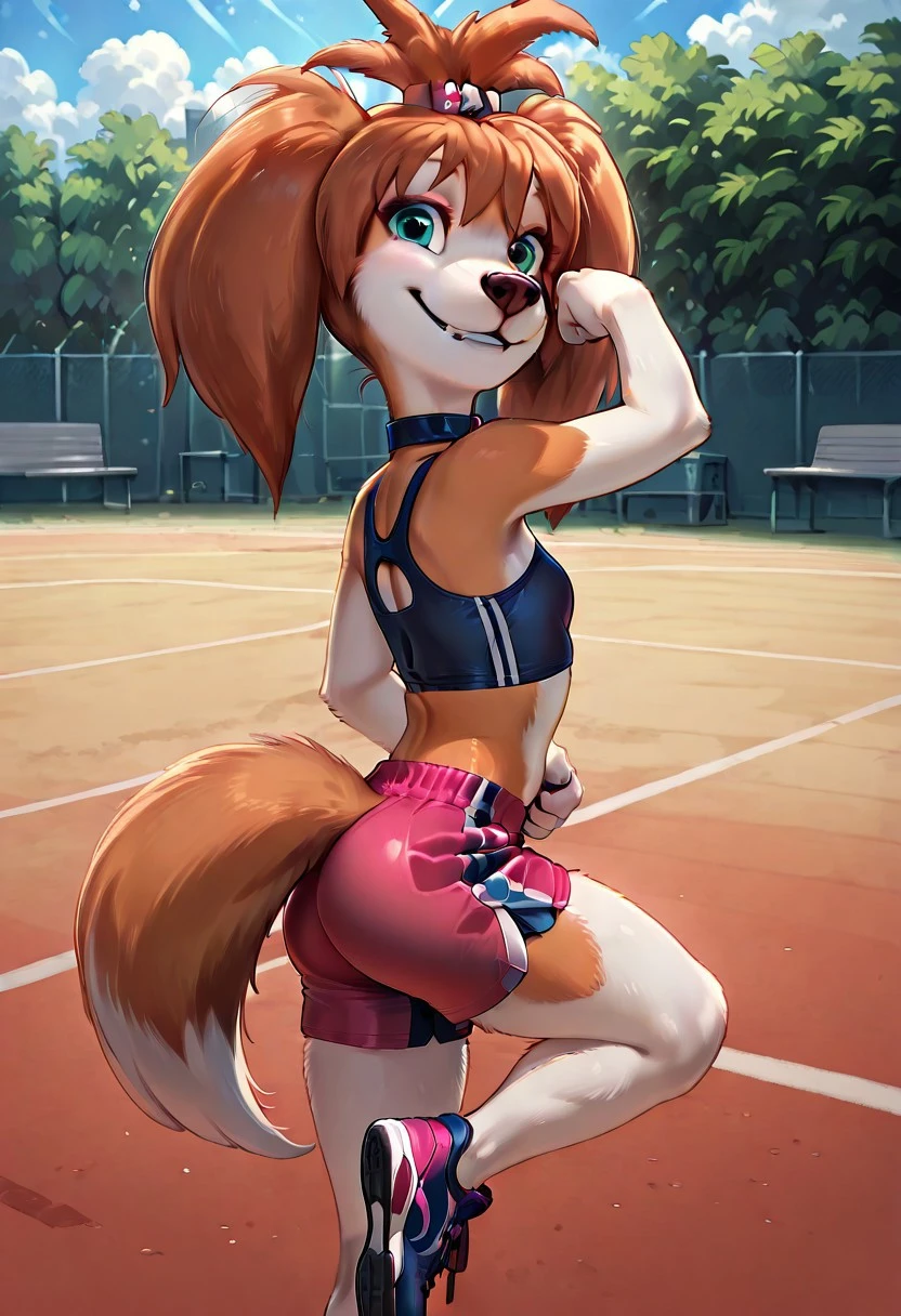 masterpiece, best quality, amazing quality, very aesthetic, absurdres, newest, break
outdoors, training court
Liza Barboskina, Dog girl, anthro canine, female, small breasts, twintails, break
sport short top, sport shorts
standing, sexy pose, smile, looking at viewer, one leg bended, 3/4 side view