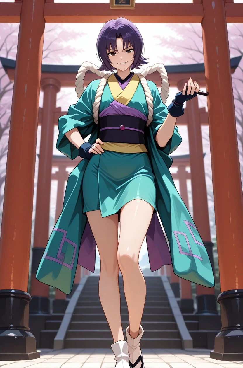 masterpiece, best quality, very aesthetic, 
1boy, (h0njou_k4matari), femboy, purple hair, brown eyes, full body, 
looking at viewer, standing,  smile, one hand on hip, one hand in front of lips, 
short kimono, rope, sash, obi, fingerless gloves, white tabi, black sandals,  legs, 
outdoors, torii gate, perfect_hands, <lora:af408bc0-67dc-4f0c-84d0-650da89808b8:1.1>, <lora:6a294e2b-52f2-4437-a5f6-2a5f678338b3:0.9>