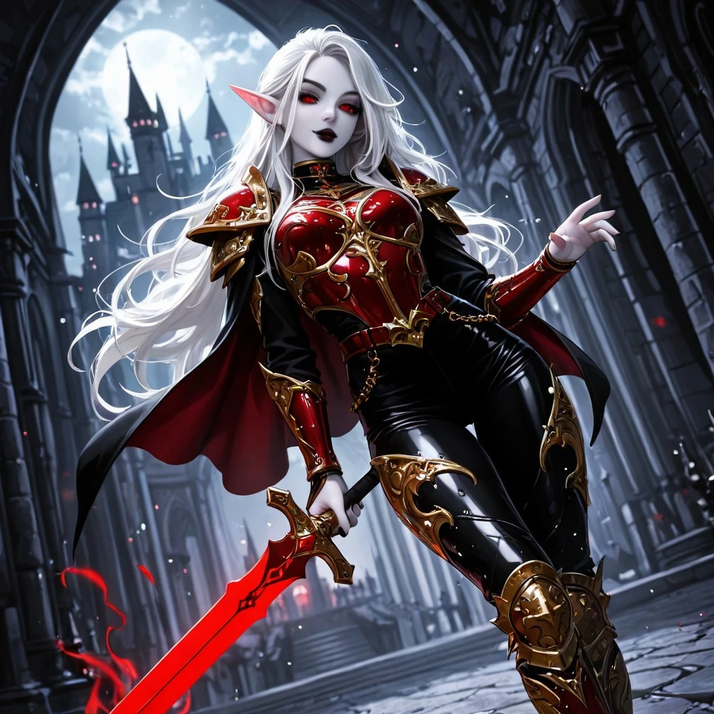 masterwork, masterpiece, best quality, detailed, depth of field, high detail, very aesthetic, 8k, adult, dynamic angle, aged up, glitter, paticle effect, high contrast shadows,
sexy, inside, castle, dark themed,
1girl, female, vampire, white pale skin, white hair, bleached hair, red eyes, bloodelf, pointy ears, elf ears, red-black leather armor, gold plates, shoulder pads, leg plates, tight pants, red sword in right hand ,
detailed background, cinematic lightning, seductive, CSIL