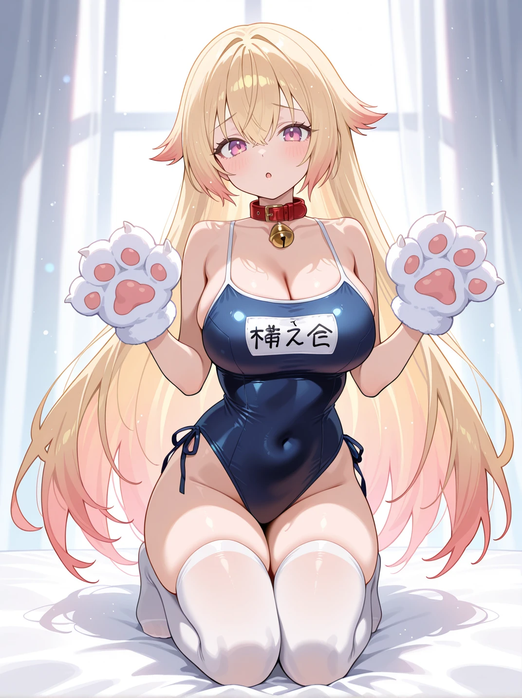safe_pos, Score_9, nakamura misaki, light blonde hair, blunt bangs, long hair, pink eyes, heart shaped earrings, mole under eye, huge breasts, wide hips, thick thighs, jewelry, gyaru, white bikini, tiger print, tiger gloves, fishnet thighhighs, white tiger ears, cowboy shot, smile, licking lips, half closed eyes, naughty expression, grin, looking at viewer, bent over, changing room