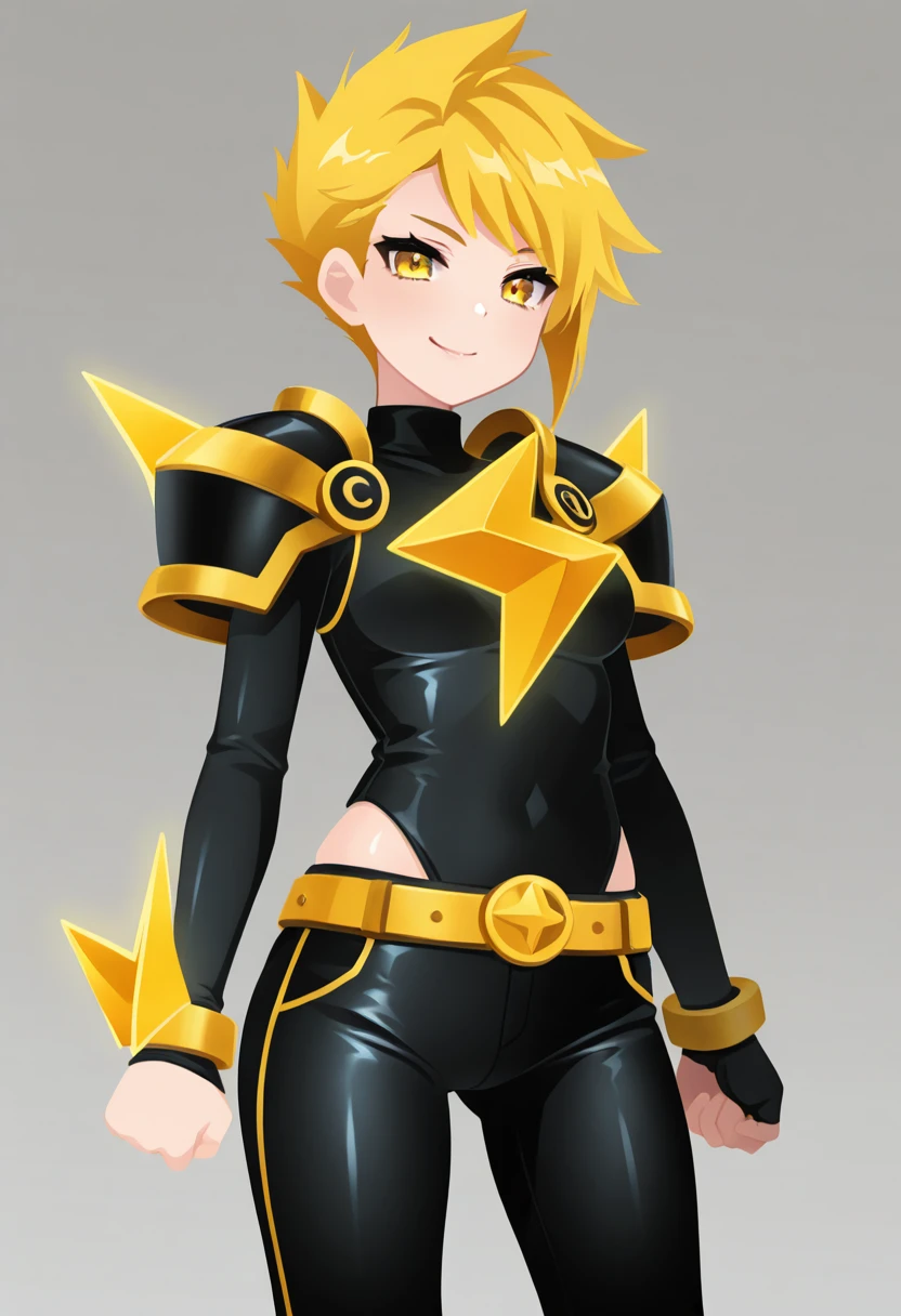 masterpiece, best quality, solo, bzzb4tt3ryCitron, superhero, black shirt, shoulder armor, black leather pants, tight pants, skindentation, <lora:BuzzBatteryIXL:1.0>, , smile, looking at viewer, cowboy shot, dynamic pose, C0utur3Cr4z3, <lora:CoutureCraze_IXL:1.0>,