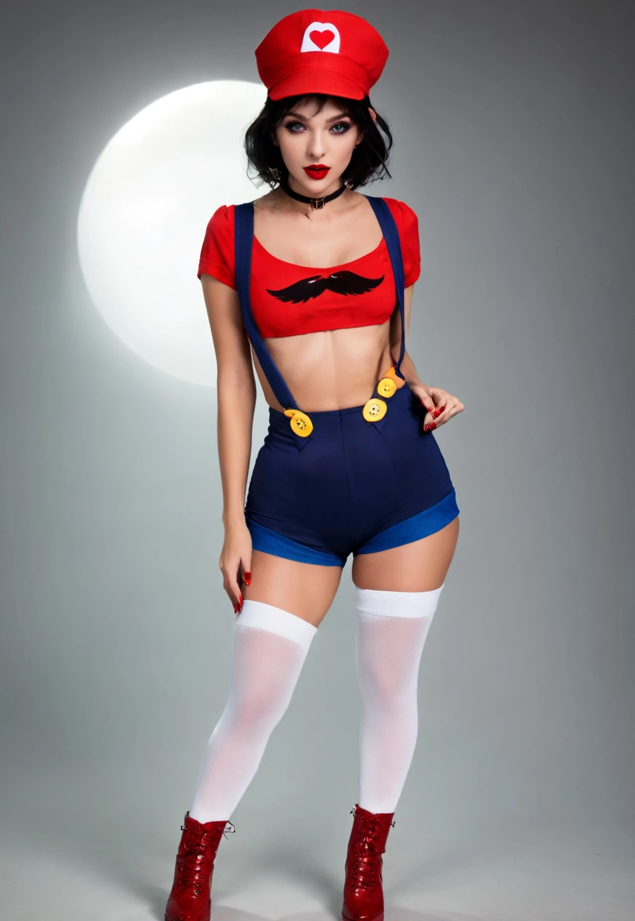 vampire lord nosferatu ral-ertmsphr otclillsn carcosa city, cybersecurity meme, data flows, dynamic movement, bleaked red and black, a Vintage casual goddess inside of circle, looking curious, By Yoji Shinkawa,
1girl, Baddie_Mario_Costume, red crop top, fake mustache print, short sleeves, red cap with heart emblem, high-waisted blue shorts, blue suspenders, yellow buttons, white thigh-high stockings, form-fitting, midriff, underboob,