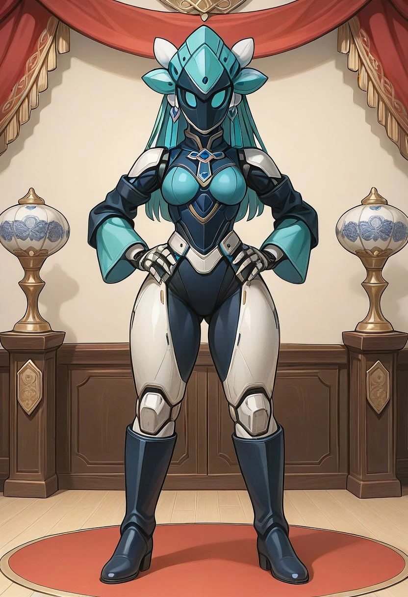 Rating: 9, Rating: 8, Rating: 7, Rating: 6, Masterpiece, Photorealistic Details (Masterpiece, Superior Quality, Amazing Quality, Very Aesthetic, High Resolution, Ultra Detailed: 1.2), Absurd (Photo, Realistic). 1 girl (Orchid, Android, Athletic body, Mechanical joints, Synthetic skin, Robot girl, no skirt, high boots, arm sleeves), Full body, Female body (Athletic body), Turquoise hair, Metallic face (no human features), Wide hips, Thick thighs, Small waist, Beautiful legs, Nice butt, Kinesthetic muscles, Medium breasts, Non-human texture, Smooth surface, Shiny accents.
(((STAGE: theater, oriental decoration, dance stage)))
(((POSE: standing facing viewer, front view, view from the front, focus on face, gaze at viewer, hands on hips, dynamic pose)))
