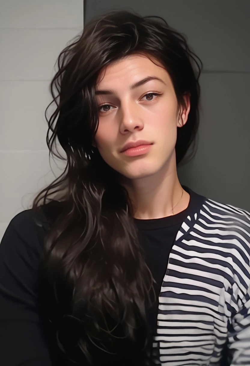 score_9, score_8_up, score_7_up, rating_safe, source_anime, 1boy, a photo of Addie Hilltye, 18 years old, striped shirt, black hair, long hair, portrait,