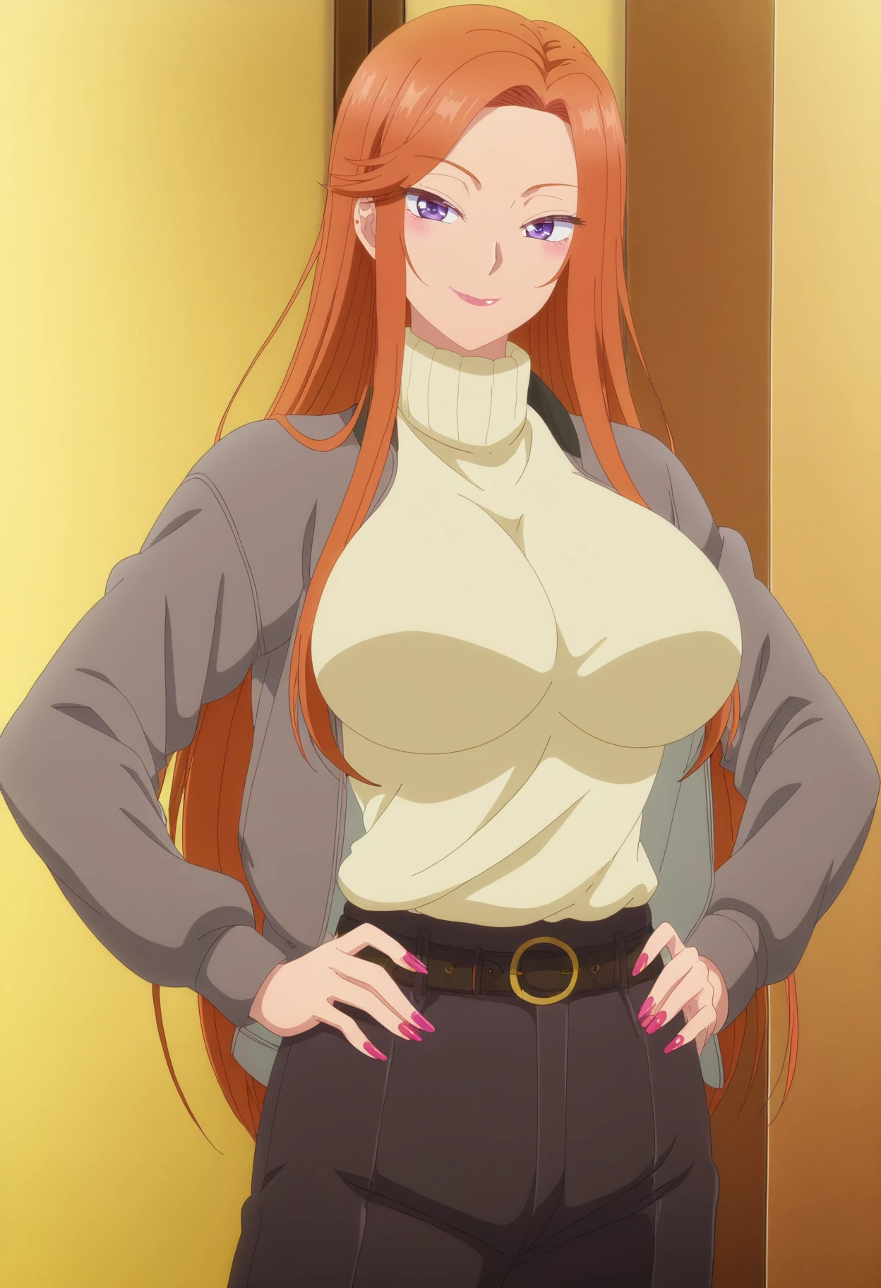 <lora:TurtleneckSweater+leotard:0.8> turtleneck sweater, cleavage cutout, cleavage, long sleeves, leotard, thighs <lora:Mai Fuyuki :0.8> mai fuyuki, long_hair, purple_eyes, orange_hair, 1girl, solo, blush, jewelry, hoop_earrings, looking_at_viewer, breasts,, best_quality, highres, extremely_detailed, anime perfect detailed style, 8k, masterpiece, anime art style, anime coloring,