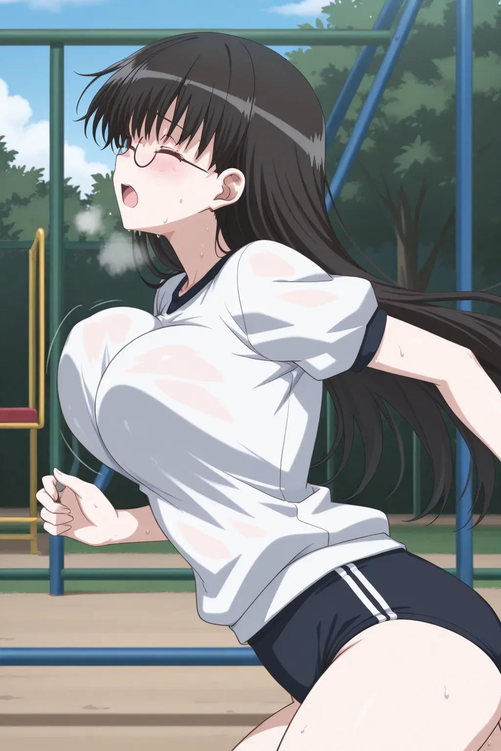 (gym uniform,red brown, white shirt, short sleeves, thighs:1.3),1girl,
(35 year old woman,mature female:1.2),depth of field,ponytail, black hair,(ribbon:1.2), (embarrassed,blush:1.3)
Thick thighs、Men with their penises out surrounding a girl、Semen from the penis、Bukkake、Bukkake、(Bukkake)projectile cum、Blowjob、Ahegao、Handjob、bandaids Spread your legs、(Surrounded by men in the park)Spread your legs