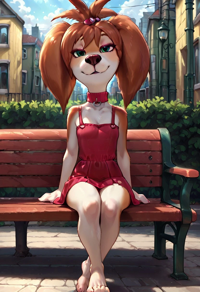 masterpiece, best quality, amazing quality, very aesthetic, absurdres, newest, break
outdoors, street
Liza Barboskina, Dog girl, anthro canine, female, small breasts, twintails, break
short dress
sitting on bench, barefoot, sexy pose, looking at viewer, seductive, front view