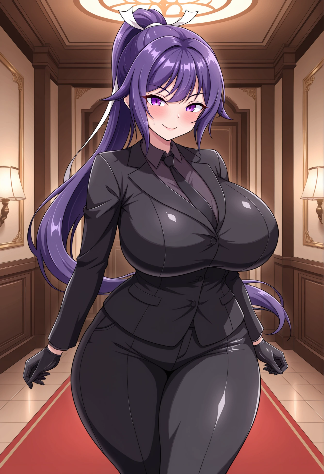 ultra realistic 8k cg, masterpiece, (( intricate detail, highly detailed, fine details best quality, hyperdetailed face)), gigantic breasts ,beautiful lighting, absurdres, BoaHancockV2, 1girl, solo, black hair, long hair, jewelry, closed mouth, ), ((black skirt suit:1.1), cleavage, pencil skirt, miniskirt,curvy, thighs, higheels, shiny clothes, skin tight), red eyes, (complex detailed background, inside, luxury palace), ((cowboy shot)), curvy, (gigantic breasts: 1.1), seductive smile, cowboy shot,