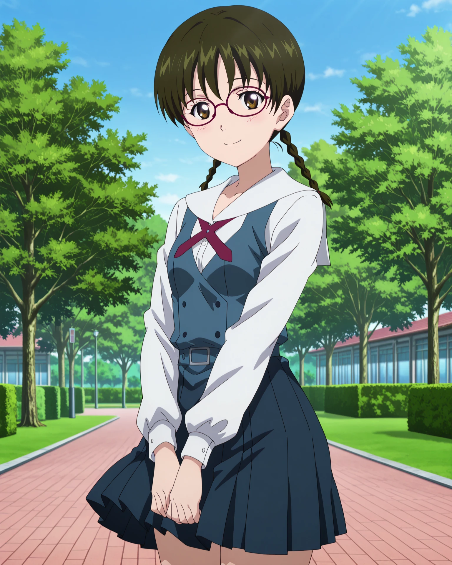 4k, ultra-detailed, absurdres, high resolution, beautiful lighting, cinematic composition, sharp focus, newest, (masterpiece:1.3), (best quality:1.3), (anime screencap:1.5),
highly detailed shading, soft shading, glossy skin, realistic proportions, standing,cowboy shot,looking at viewer, smile,
soft lighting, blurred background, outdoors, park,blue sky,
petite, dynamic pose, <lora:susamix010-pony:0.6> (anime coloring),
<lora:AddMicroDetails_Illustrious:0.3> addmicrodetails,
<lora:Segawa_Fumi__SKET_Dance:1>segawafumi, glasses, school uniform, small breasts