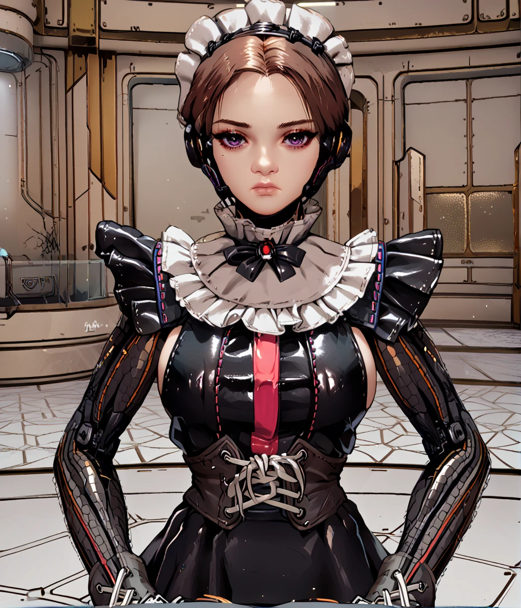 score_9, score_8_up, score_7_up, score_6_up, score_5_up, score_4_up, 
arisasbxl, brown hair, purple eyes, looking at viewer, expressionless, 
black dress, frills, mechanical arms, corset, large breasts, 
science fiction,  indoors,  
<lora:MaidArisaSBxl:1>,