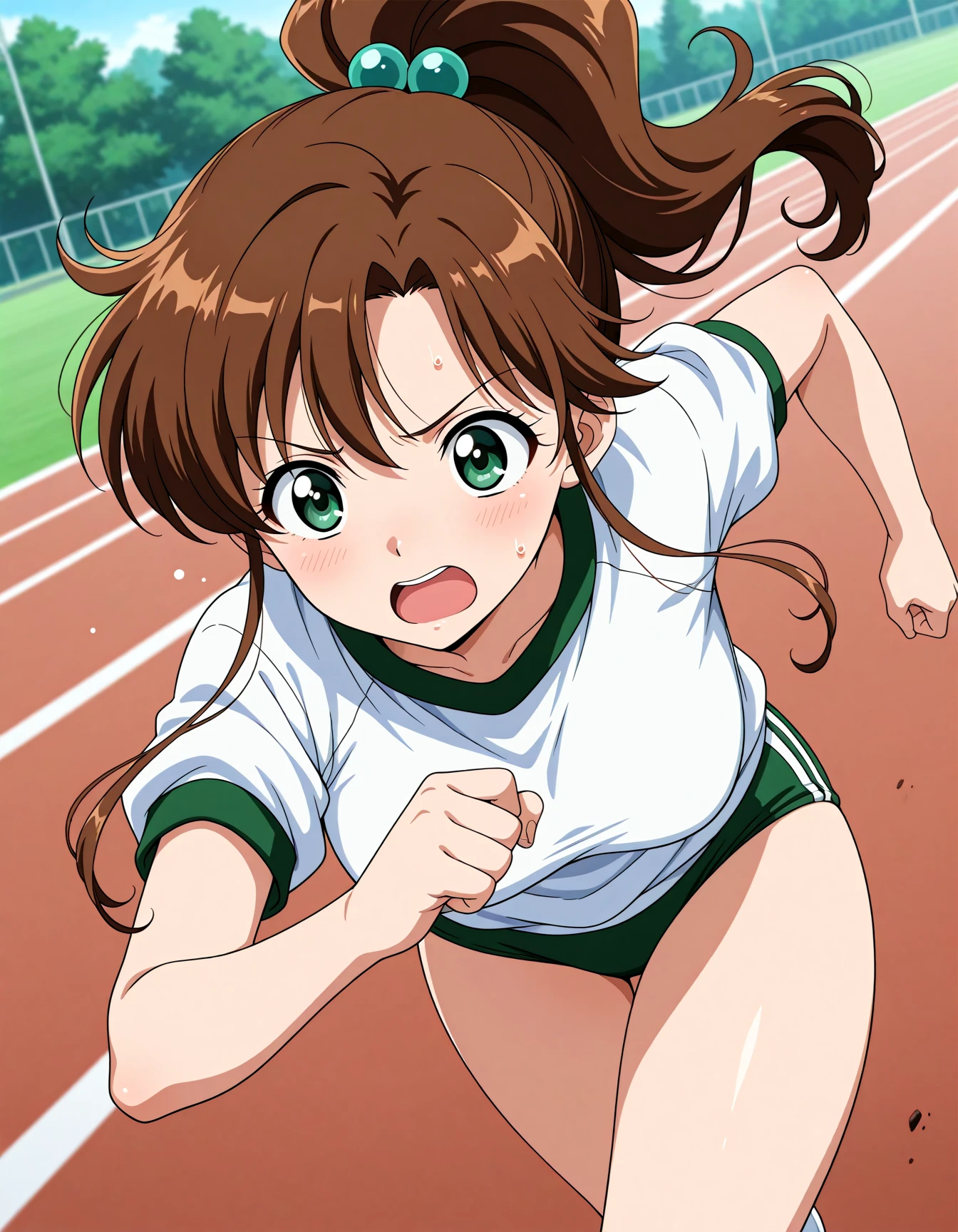 <lora:dmd2-lighting8step_cfg1.5:1>,official style,masterpiece,best quality,newest,very aesthetic,highly detailed,high resolution,absurdres,highres,depth of field,super detailed skin,very awa,Anime,anime coloring,anime screencap,<lora:Sailor_jupiter_V4:1>,kino makoto,solo,ponytail,high ponytail,medium hair,medium breasts,parted bangs,sidelocks,brown hair,hair ornament,green eyes,hair bobbles,posing,sweatdrop,gym_uniform,green buruma,running,open mouth,exhausted,leaning_forward,closed eyes,