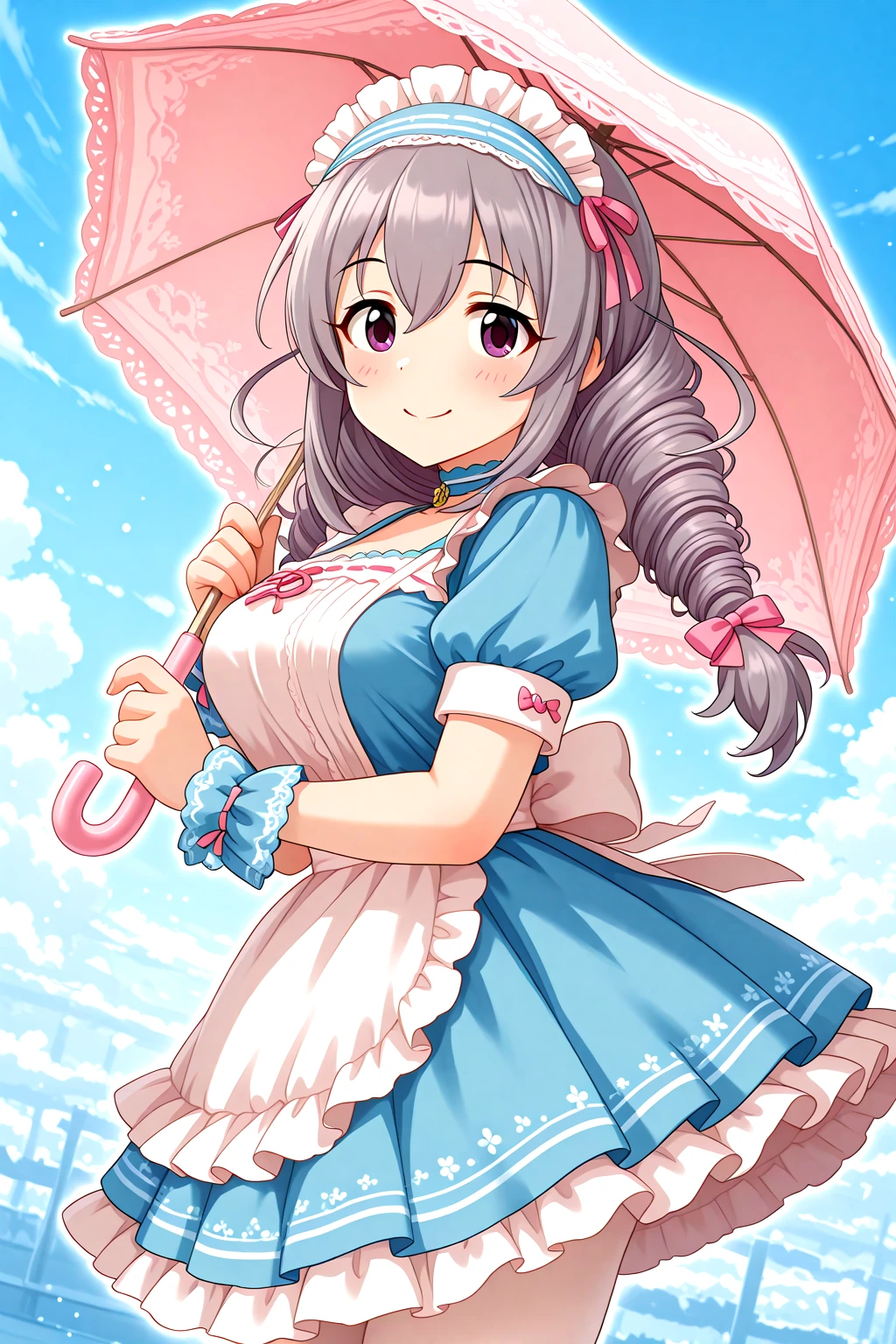 masterpiece, best quality, amazing quality, 1girl, solo, makeup, general, cowboy shot, looking at viewer, blush, dramatic angle, smile, from side, cloud, outdoors, ((holding umbrella)), <lora:Sakakibara_Satomi_Cinderella:1>, Sakakibara_Satomi_Cinderella, long hair, grey hair, large breasts, twintails, purple eyes, twin braids, twin drills, bow, hair bow, ribbon, hair between eyes, dress, bow, ribbon, hair ribbon, short sleeves, hair bow, pantyhose, frills, hairband, shoes, choker, puffy sleeves, white thighhighs, apron, puffy short sleeves, wrist cuffs, maid, maid headdress, blue dress, frilled dress, pink bow, white apron, white pantyhose, maid apron, pink ribbon, outline, frilled apron, blue footwear, frilled hairband, blue choker, ribbon trim, <lora:wai-A3-V140:1>, <lora:illustrious_noobai_epsilon_pred_1_masterpieces_v1:1>