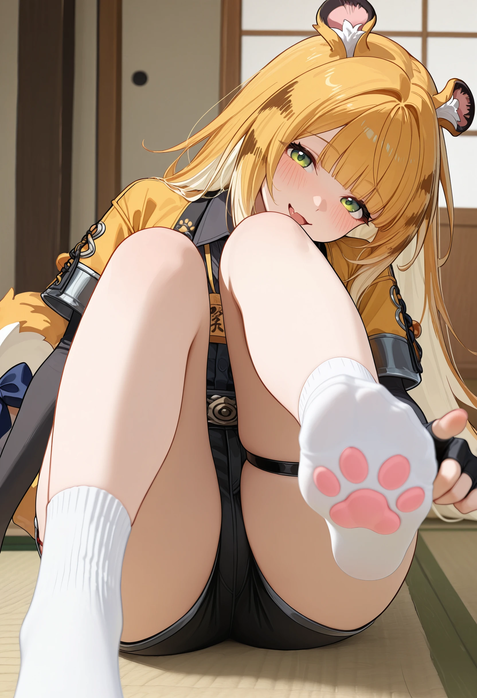(masutepiece:1.1), (high resolusion:1.2), (Illustration:1.05), (ultra detailed 8k art:1.05), (finely detailed beautiful eye), Perfect face, Bright pupils, Lustrous skin, hayami_Sena ,Green eyes, , Sinon, Black_Belt bag, Green_Capelet, Green_Jacket, white_Shorts,, Long sleeves, fullllbody, blushed, Looking at Viewer, sole, Barefoot soles、poneyTail、Smelly、5 toes、Sole Focus、Open your toes、Bare legged、bare-legged、Brown hair、Sena Hayami、Stuffiness on the soles of the feet、Sweaty feet, Close-up of the soles of the feet,Exposing the soles of the feet