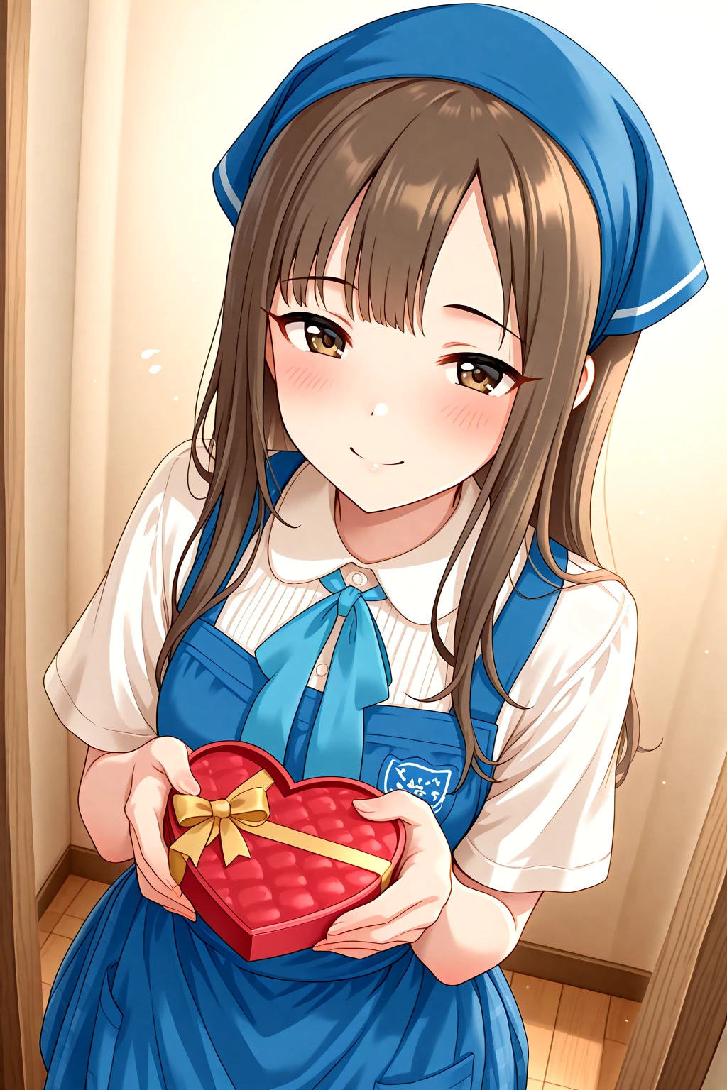 masterpiece, best quality, amazing quality, 1girl, solo, makeup, general, cowboy shot, looking at viewer, blush, dramatic angle, smile, incoming gift, unmoving pattern, heart-shaped box, holding box, holding gift, box, gift, valentine, gift box, flying sweatdrops, hands up, heart, <lora:Mizumoto_Yukari_Cinderella:1>, Mizumoto_Yukari_Cinderella, long hair, brown hair, brown eyes, breasts, blunt bangs, skirt, ribbon, white shirt, short sleeves, collared shirt, apron, blue skirt, plaid, neck ribbon, black ribbon, blue bow, blue ribbon, waitress, head scarf, blue apron, <lora:wai-A3-V140:1>, <lora:illustrious_noobai_epsilon_pred_1_masterpieces_v1:1>