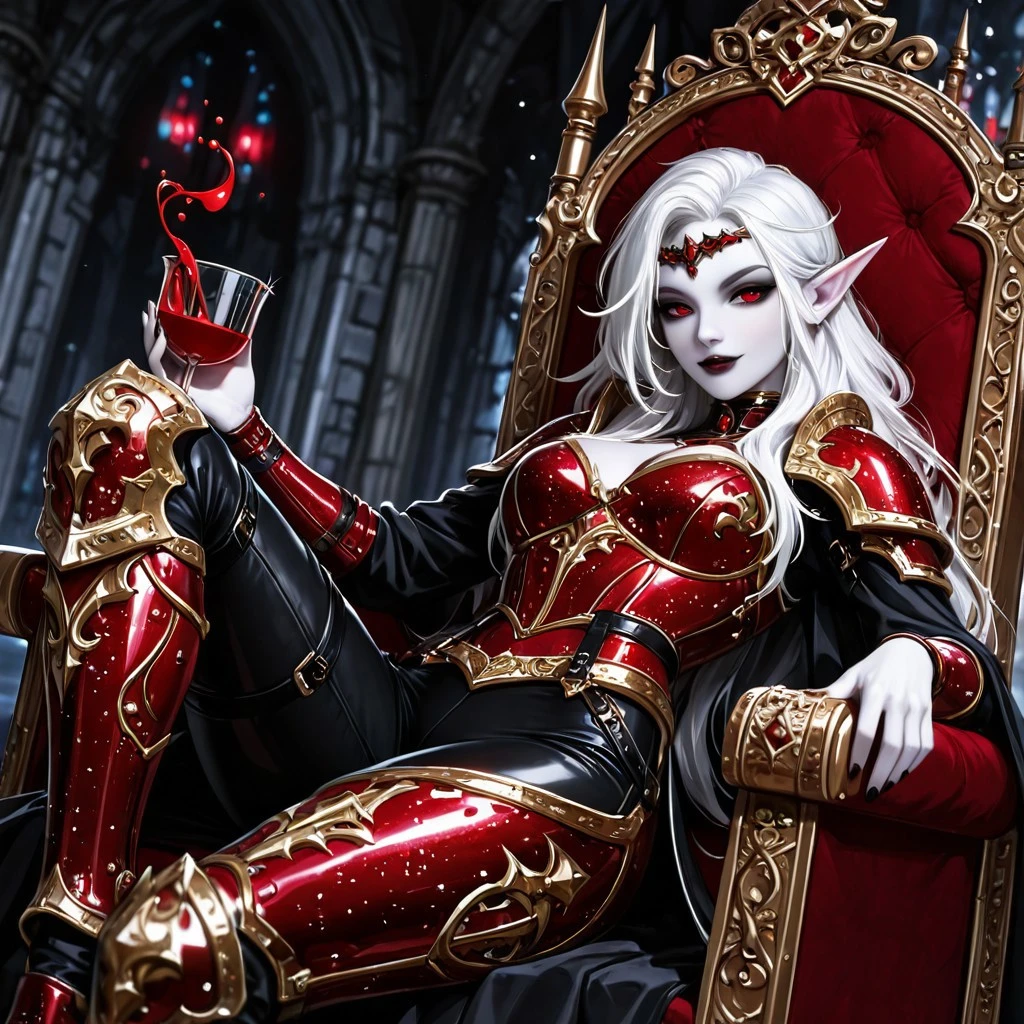 masterwork, masterpiece, best quality, detailed, depth of field, high detail, very aesthetic, 8k, adult, dynamic angle, aged up, glitter, paticle effect, high contrast shadows,
sexy, inside, castle, dark themed,
1girl, female, vampire, white pale skin, white hair, bleached hair, red eyes, bloodelf, pointy ears, elf ears, red-black leather armor, gold plates, shoulder pads, leg plates, tight pants, red tiara, sitting on throne, drinking blood from grail
detailed background, cinematic lightning, seductive, CSIL