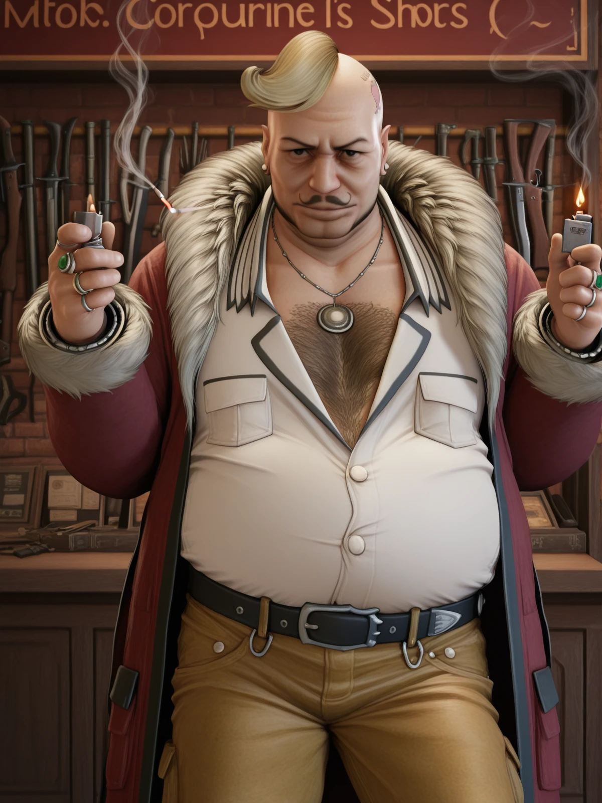 masterpiece, best quality, amazing quality,, <lora:don-corneo-ingame-illustriousxl-lora-nochekaiser:1>, don corneo, short hair, black eyes, blonde hair, male focus, facial hair, realistic, bald, old, fat, fat man, 3d,, shirt, jewelry, jacket, white shirt, earrings, open clothes, pants, belt, necklace, coat, fur trim, ring, brown pants, chest hair, <lora:lighting-cigarette-illustriousxl-lora-nochekaiser:1>, lighting cigarette, lighter, holding lighter, cigarette, smoking, fire, smoke, holding, cowboy shot, weapon shop, weapons, display, store, items, cowboy shot, solo, looking at viewer,