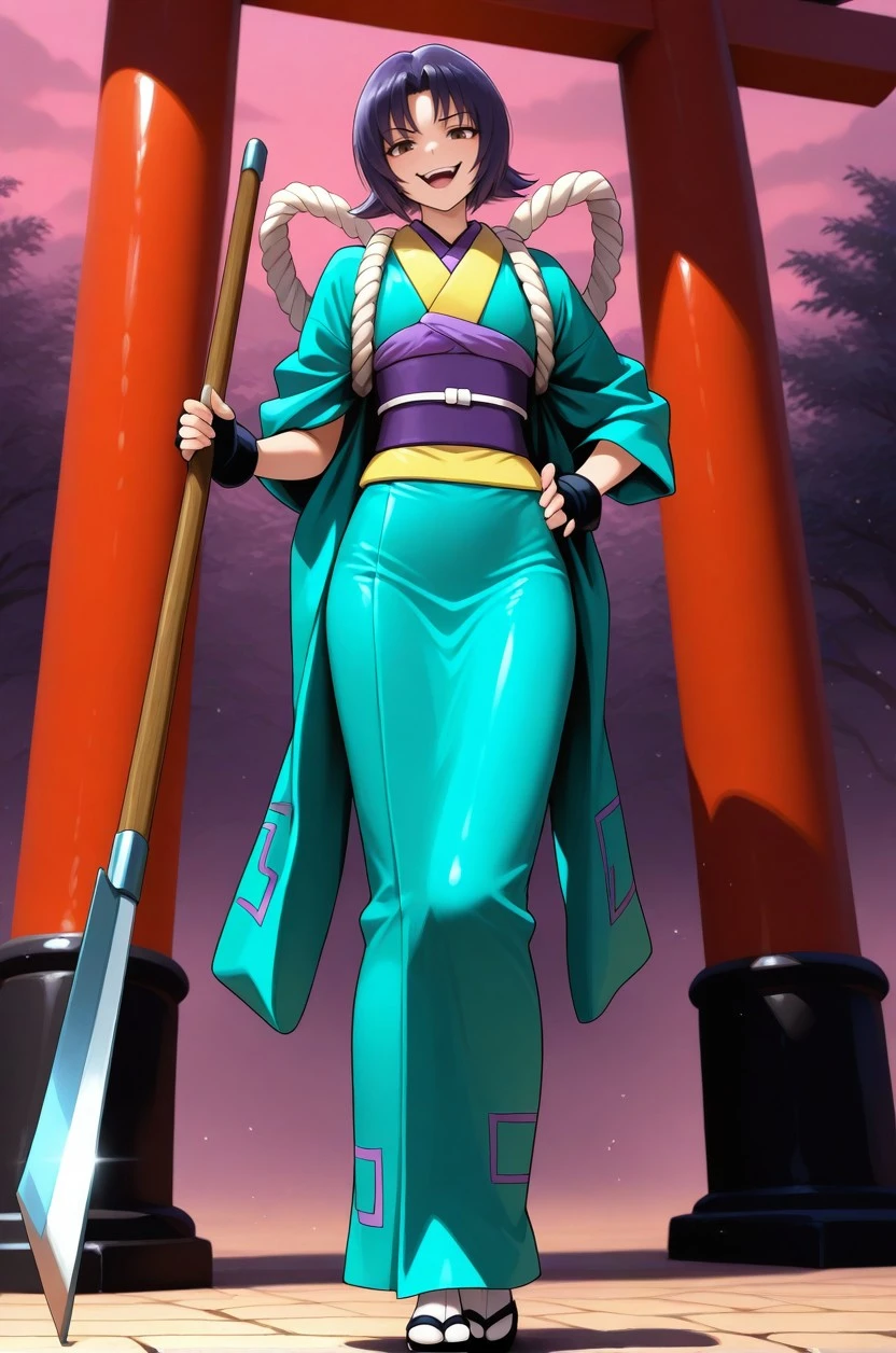 masterpiece, best quality, very aesthetic,
1boy, (h0njou_k4matari), femboy, purple hair, brown eyes, full body,
looking at viewer, standing, smile, open mouth, holding a scythe, one hand on hip,
kimono, rope, sash, obi, fingerless gloves, white tabi, black sandals,
outdoors, torii gate, , <lora:af408bc0-67dc-4f0c-84d0-650da89808b8:1.1>