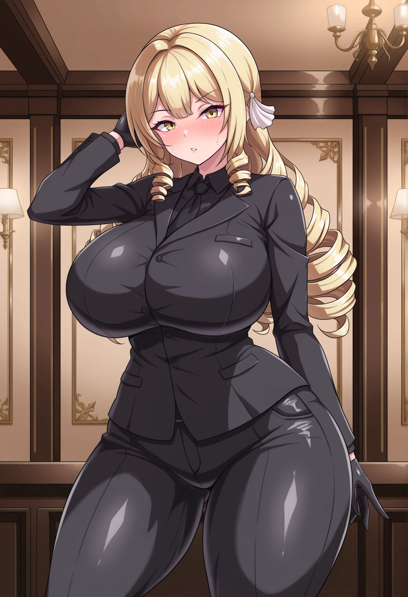 (Best Quality:1.5, High resolution, HD, 4k, detailed lighting, Shaders, perfect hand anatomy), straight blonde hair, busty, nurse costume, neckline, thighs, smiling, to throw, shooting they seek, standing, Hospital history