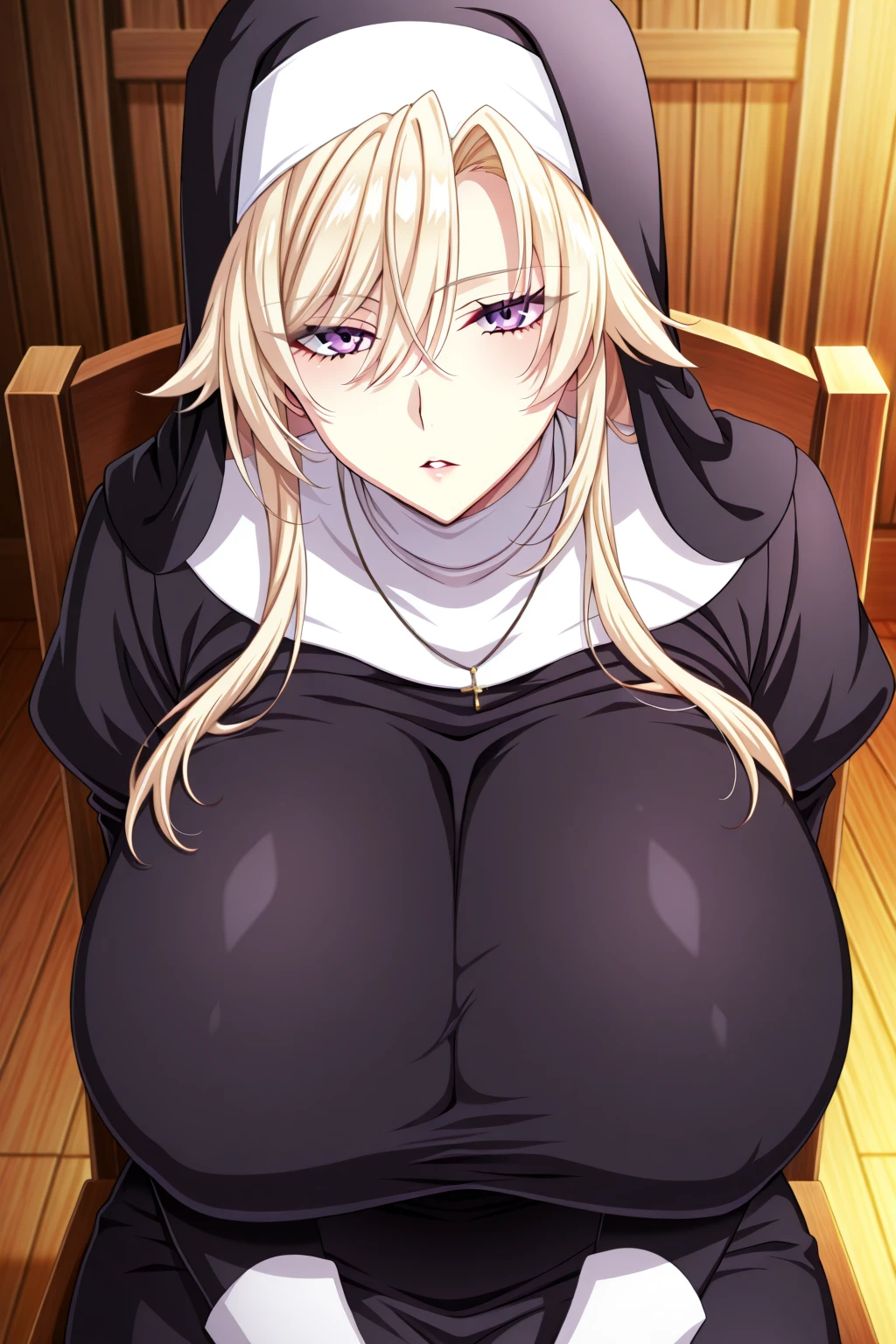 Simple White Background,
Black headwear, Black Dress, turtleneck, long sleeves,
<lora:sister_anna_Okasare_Saimin-KK77-V1:0.7>,nun,
purple eyes, blonde hair,bangs,Long_hair,
<lora:Oda_Non_Style-KK77-V2:0.3>,<lora:more_details:0.1>,
1 girl, 20yo,Young female,Beautiful long legs,Beautiful body,
Beautiful Nose,Beautiful character design, perfect eyes, perfect face,expressive eyes,perfect balance,
looking at viewer,(Focus on her face),closed mouth, (innocent_big_eyes:1.0),(Light_Smile:0.3),
official art,extremely detailed CG unity 8k wallpaper, perfect lighting,Colorful, Bright_Front_face_Lighting,White skin,
(masterpiece:1.0),(best_quality:1.0), ultra high res,4K,ultra-detailed,
photography, 8K, HDR, highres, absurdres:1.2, Kodak portra 400, film grain, blurry background, bokeh:1.2, lens flare, (vibrant_color:1.2),professional photograph,
(Beautiful,large_Breasts:1.4), (beautiful_face:1.5),(narrow_waist),