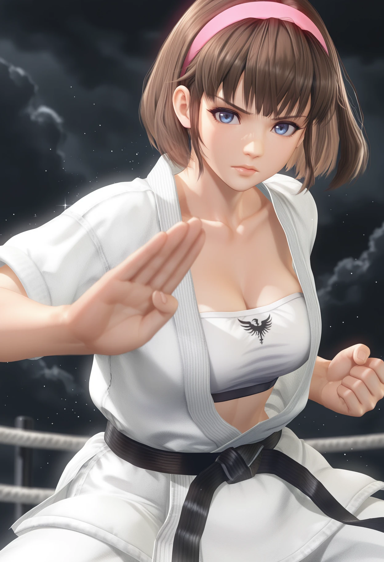 <lora:doa_hitomi:0.7> hitomi, white gi, black belt, arena, sexy