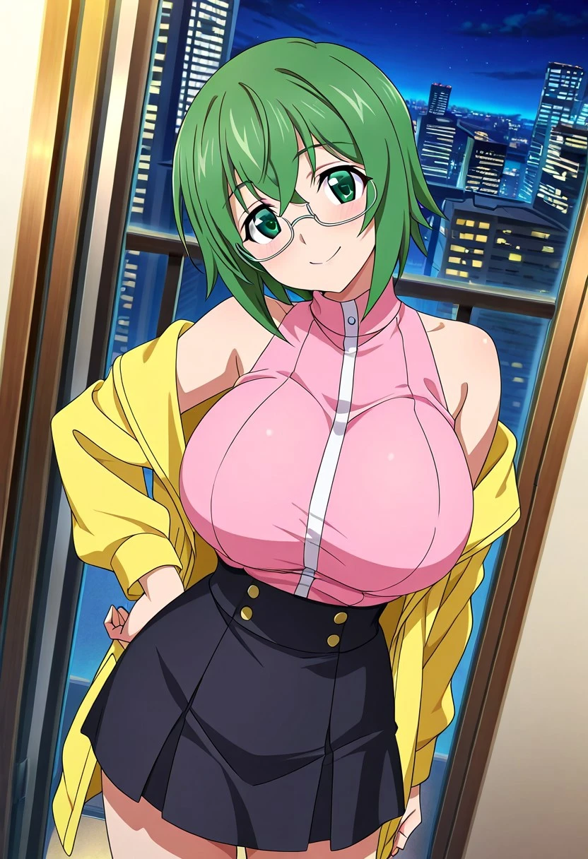 1girl, solo, green hair, short hair, green eyes, yellow dress, skirt, wind, wind lift, skirt fluttering, (panties:1.2), pussy line, pink bra, (huge breasts:1.5), cleavage, white thighhighs, smile,