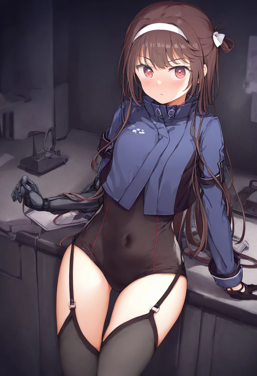 slim, (wide hips, thick thighs), scared, slender, looking at viewer, bound arms, arms behind back, (dress shirt, tie, pencil skirt), in office building, (masterpiece), (best quality:1.2), absurdres, intricate details, (highly detailed skin:1.2),