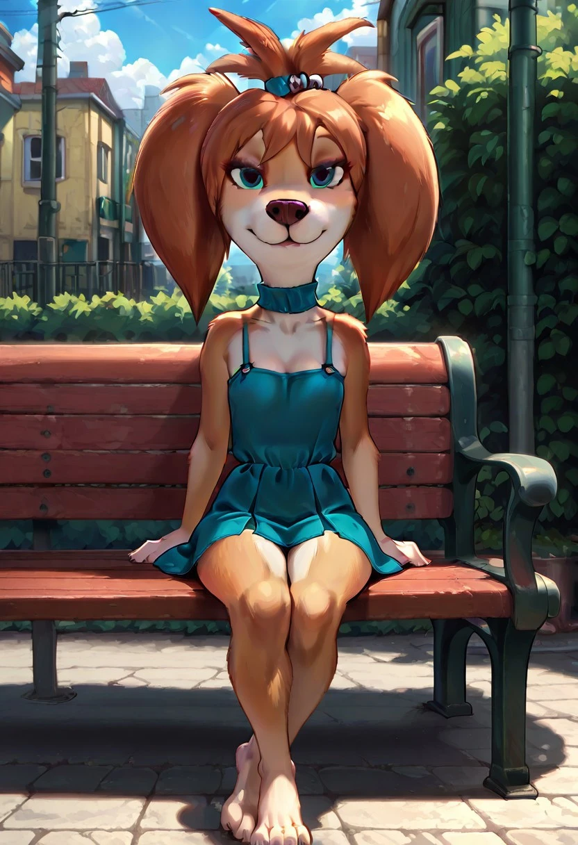 masterpiece, best quality, amazing quality, very aesthetic, absurdres, newest, break
outdoors, street
Liza Barboskina, Dog girl, anthro canine, female, small breasts, twintails, break
short dress
sitting on bench, barefoot, sexy pose, looking at viewer, seductive, front view