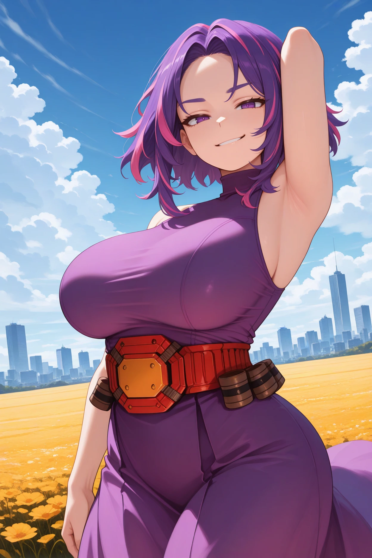 masterpiece:1.2, 1women, (38yers old), (best quality), (real picture, intricate details, depth of field), highly-detailed, attractive waist, high resolution, (illustration:0.8), perfect lighting, extremely detailed CG, big breasts, (large breasts:1.5), tall lady, susprised posture, tight pants, (thick_thighs:1.5), huge ass, (Purple Jacket:1.5), cleavage, (purple hair), (hair over one eye:1.5), lipstick, anime blushing, (blushing:1.5), (short hair:1.5), (Short purple hair:1.5), (mature female:1.5) (mature face) (sweat) (sweat:1.5) (cleavage)
