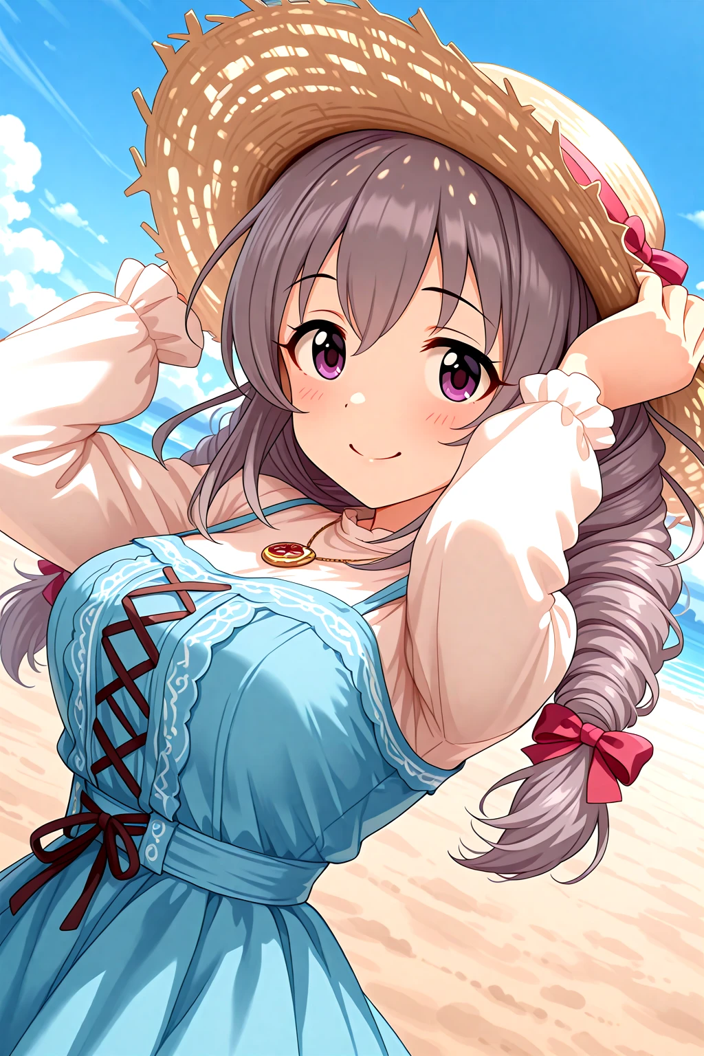 masterpiece, best quality, amazing quality, 1girl, solo, makeup, general, cowboy shot, looking at viewer, blush, dramatic angle, smile, from side, cloud, sky, outdoors, hands on headwear, arms up, <lora:Sakakibara_Satomi_Cinderella:1>, Sakakibara_Satomi_Cinderella, long hair, grey hair, large breasts, twintails, purple eyes, twin braids, twin drills, bow, hair bow, ribbon, hair between eyes, shirt, long sleeves, dress, hat, bow, ribbon, jewelry, white shirt, hair bow, frills, necklace, red bow, blue skirt, blue dress, sun hat, straw hat, cross-laced clothes, <lora:wai-A3-V140:1>, <lora:illustrious_noobai_epsilon_pred_1_masterpieces_v1:1>