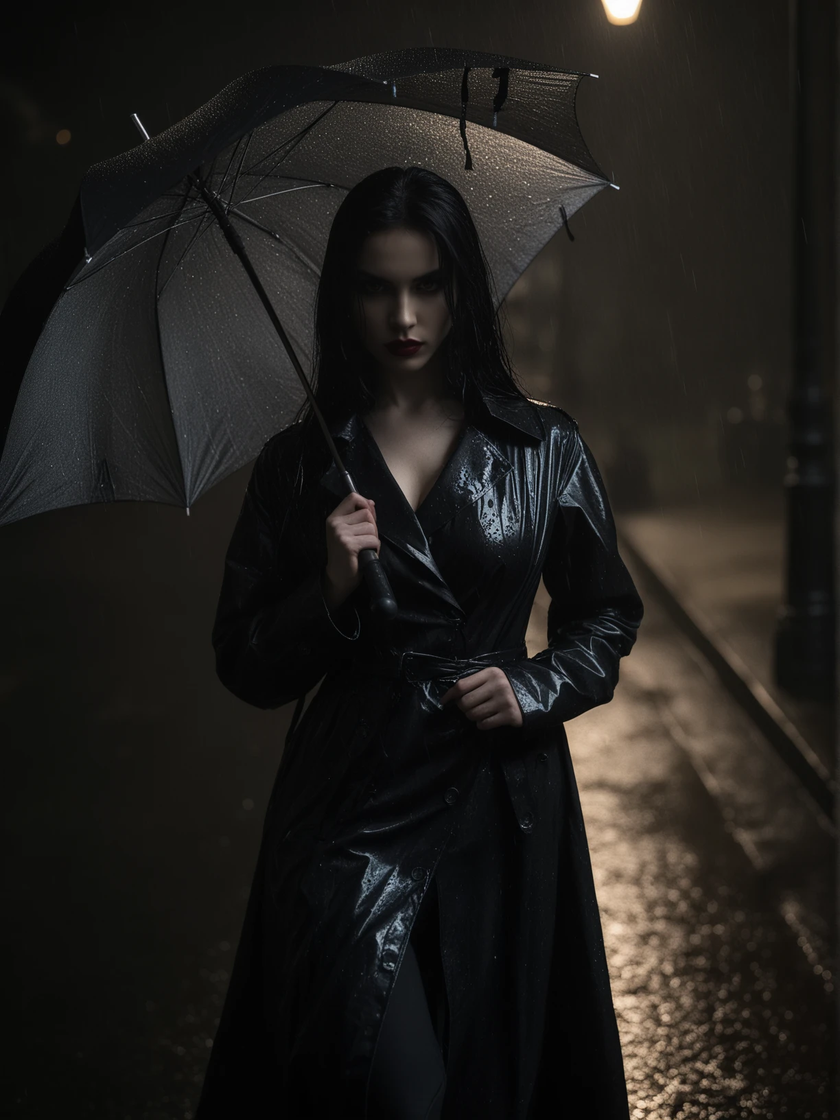 embedding:ziprealism, outdoors, city, night, rain, dark, photo of a vampire woman walking in the rain, hand holding umbrella, umbrella, perfect hands, vampire, pale skin, black hair, brown eyes, romantic gothic makeup, long black pvc raincoat