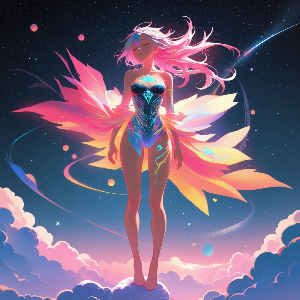 A stunningly nude woman wearing headphones and composed of a dazzling array of colors of stardust, lays gracefully on a fluffy cloud in the sky. Bathed in dynamic and enchanting night lighting, accentuates her vibrant, full-bodied form. Floating above a cityscape night. Twinkle stars and glowing moon. Fantasy art. Masterpiece