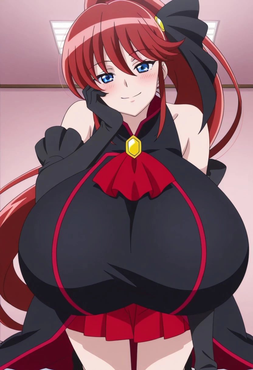 High resolution, rias gremory , 1 girl, ((bimbo))), long red hair, blue eyes, puffy lips, thick lips, wide hips, thick thighs, huge ass, enormous huge gigantic natural breasts, mature mom, muscle girl, subservient face, shiny skin, breasts squeezed together, revealing cleavage, sexy playboy bunny, wrist cuffs, choker, standing, legs, full body, high heels, Egypt temple, hands, hypnotized,