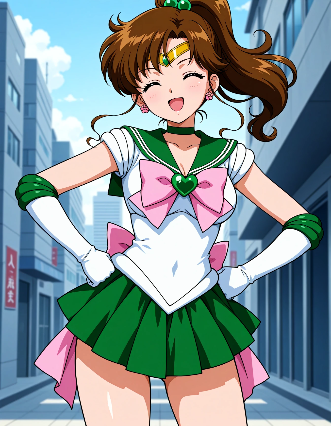 <lora:dmd2-lighting8step_cfg1.5:1>,official style,masterpiece,best quality,newest,very aesthetic,highly detailed,high resolution,absurdres,highres,depth of field,super detailed skin,very awa,Anime,anime coloring,anime screencap,<lora:Sailor_jupiter_V4:1>,solo,brown hair,green eyes,medium hair,ponytail,parted bangs,hair ornament,hair bobbles,earrings,flower earrings,green gemstone,circlet,green sailor collar,jewelry,green choker,pink bowtie,bowtie,pink bow,heart brooch,back bow,long back bow,leotard,green skirt,miniskirt,pleated skirt,skirt,short sleeves,white gloves,elbow gloves,gloves,smile,posing,stylish_pose,sailor jupiter,city,hands_on_hips,open mouth,closed eyes,