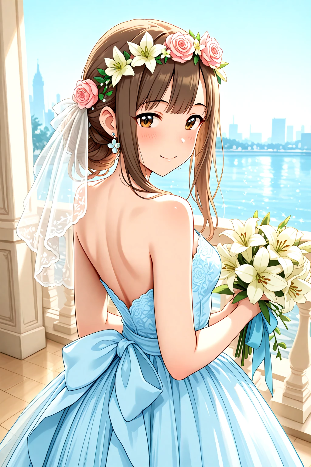 masterpiece, best quality, amazing quality, 1girl, solo, makeup, general, cowboy shot, looking at viewer, blush, dramatic angle, smile, flower, rose, pink rose, white rose, blue rose, white flower, pink flower, lily(flower), sky, hall, <lora:Mizumoto_Yukari_Cinderella:1>, Mizumoto_Yukari_Cinderella, long hair, brown hair, brown eyes, breasts, blunt bangs, white dress, blue dress, long dress, strapless dress, sleeveless dress, backless dress, lace-trimmed dress, lace trim, see-through, hair ornament, hair flower, flower earrings, earrings, dress bow, back bow, jewelry, lace, white lily, bouquet, holding bouquet, bare shoulders, bare arms, shoulder blades, head wreath, railing, wedding, bride, wedding dress, bridal veil, veil, <lora:wai-A3-V140:1>, <lora:illustrious_noobai_epsilon_pred_1_masterpieces_v1:1>