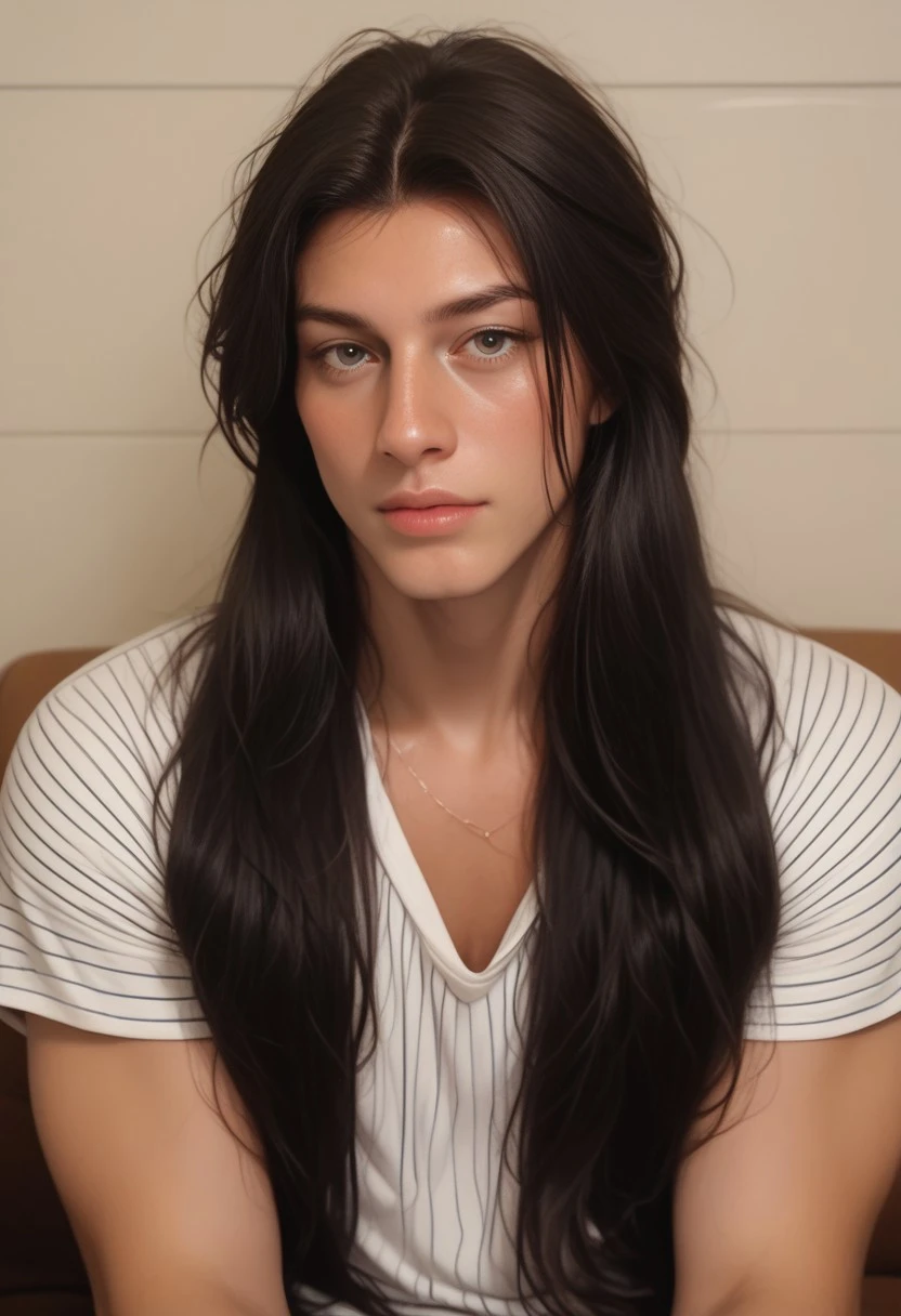 score_9, score_8_up, score_7_up, athletic,
a photo of Addie Hilltye, 1boy, striped shirt, black hair, long hair, portrait,