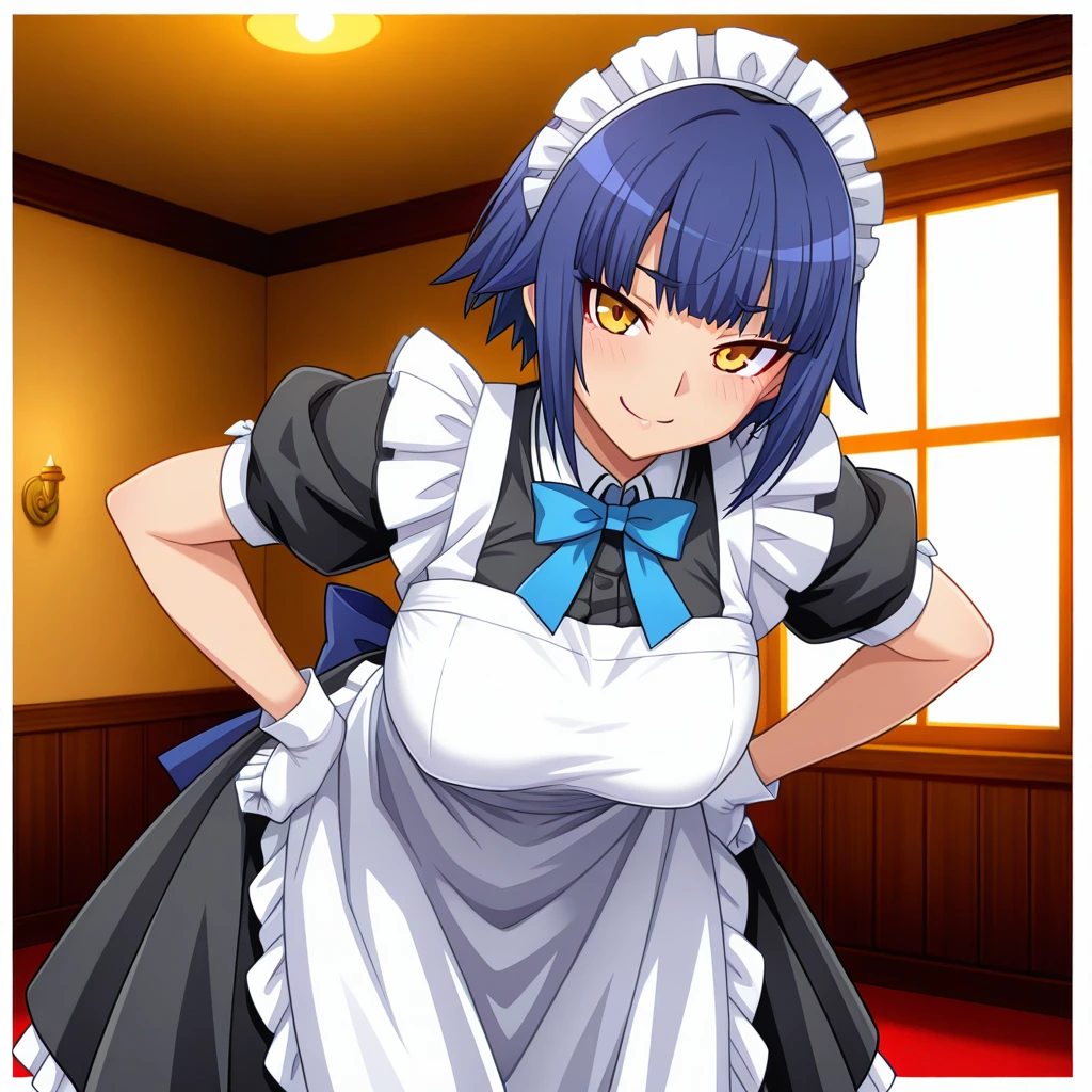 (Best Quality, Masterpiece),sexy teen, Front cover of a women's cooking magazine, naked,  erotic, 18+, nsfw, 1girl, 16  years old, stunning, cute, smile, hourglass figure, Maid costume, beautiful food, text, diagrams, advertisements, magazine title,                                                                                      long dark blue hair,blue detailed sparkling eyes,One strand of hair hangs down over his forehead