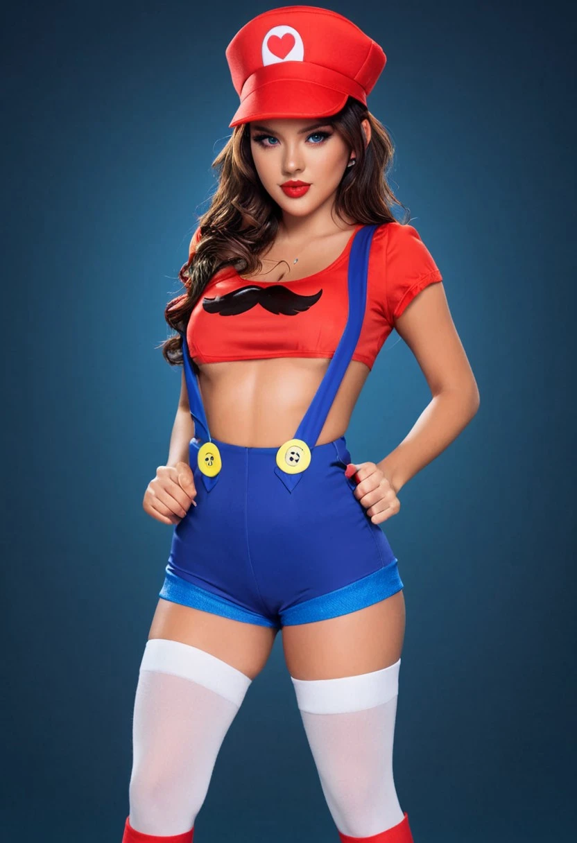 perfect digital artwork, trending on artstation, a (dark shot:1.4), 80mm, (contre-jour:1.3), girl, silhouette, soft light, sharp, exposure blend, medium shot, bokeh, (hdr:1.4), high contrast, (cinematic, teal and orange:0.85), (muted colors, dim colors, soothing tones:1.3), low saturation, (hyperdetailed:1.2), (noir:0.4)
8k hdr
Baddie_Mario_Costume, red crop top, fake mustache print, short sleeves, red cap with heart emblem, high-waisted blue shorts, blue suspenders, yellow buttons, white thigh-high stockings, form-fitting,