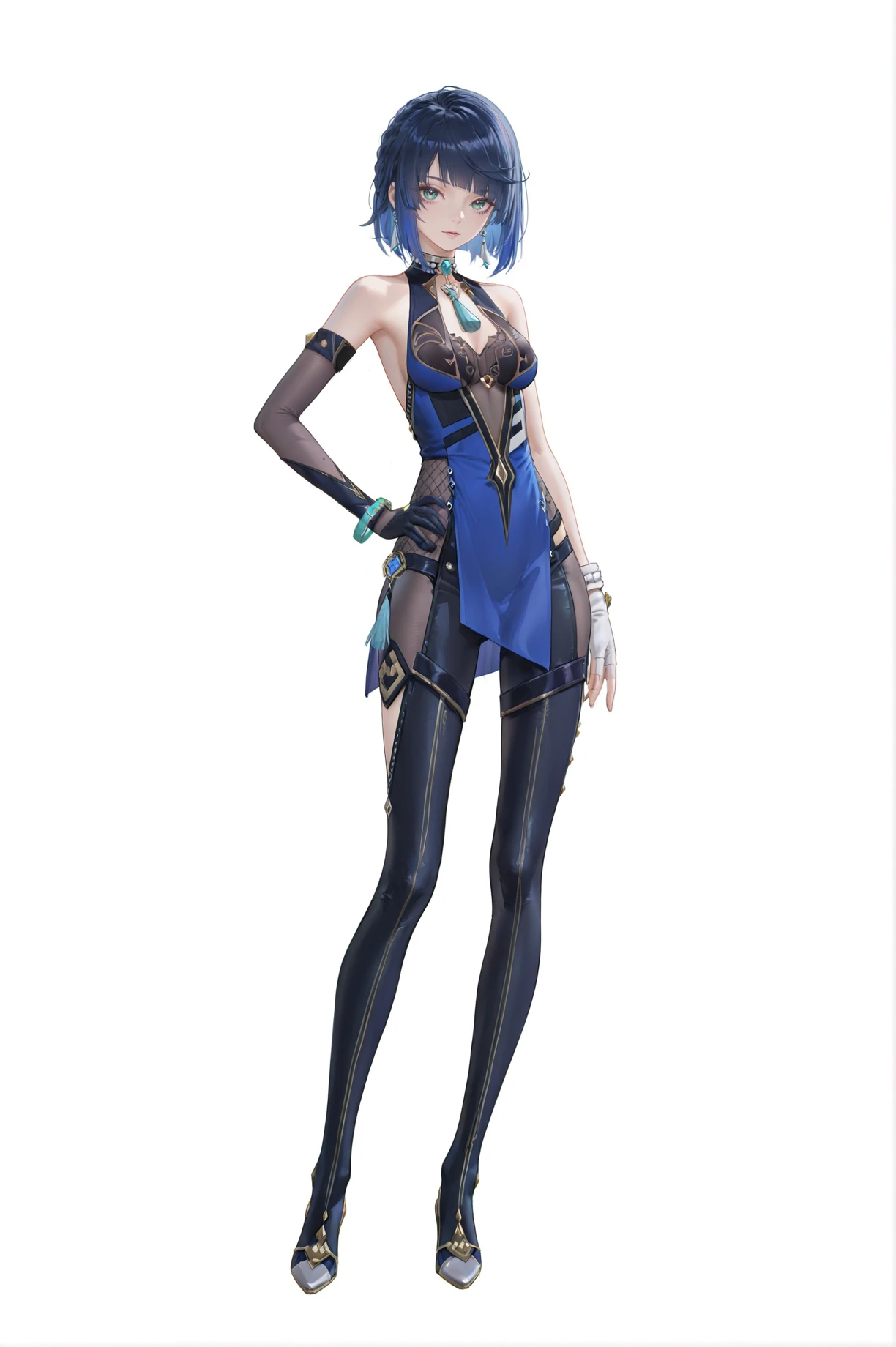 sketches of a woman in a blue dress and black coat, digital art on pixiv, trending on artstation pixiv, fashion concept art, anime concept art, concept artstyle, outfit design, clothing concept, ( ( character concept art ) ), full body concept, colored concept art, [ character design ], luminescent concept art, full body concept art