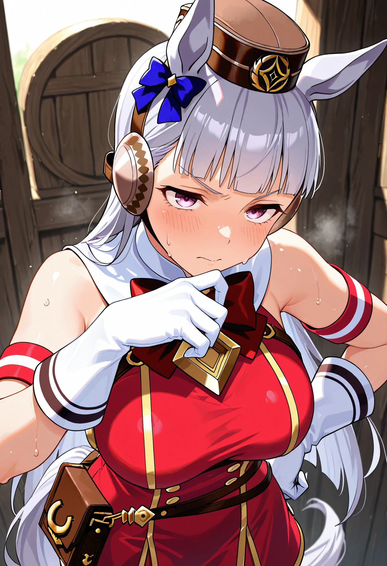 masterpiece,best quality,amazing quality, absurdres,
gold ship \(umamusume\), 1girl, animal ears, bow, ear bow, ear covers, gloves, gold trim, grey hair, horse ears, horse girl, horse tail, long hair, pillbox hat, purple eyes, sweat, tail, white gloves