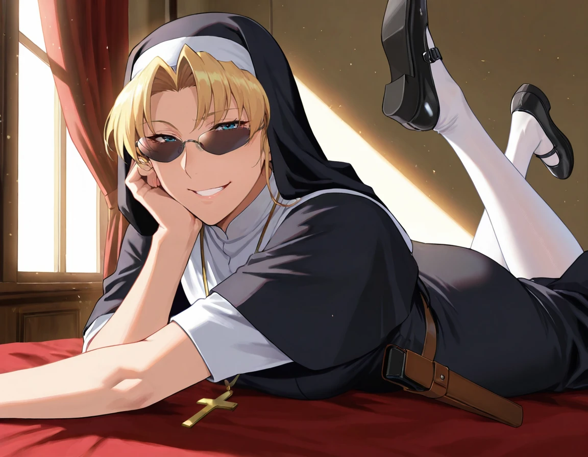 score_9, score_8_up, score_7_up, 1girl, edabl, blue eyes, blonde hair, parted bangs, large breasts, 
pink-tinted eyewear, traditional nun, veil, black habit, black dress, cross necklace, white cowl, chest harness, shoulder holster, black sleeves, sleeves rolled up, 
looking at viewer, smug, leaning back, smoking, cigarette in mouth, parted lips, teeth, bite, lounging, spread arms, arms apart,
indoors, cuba, tropics, havana, balcony, ocean, palm tree, side view, couch,
anime screencap, anime coloring, 
anime screencap, anime coloring, 2000s \(style\), 
<lora:Eda-Edith-Blackwater-Black-Lagoon-PDXL_V1-Manityro-CAME:1.0>,