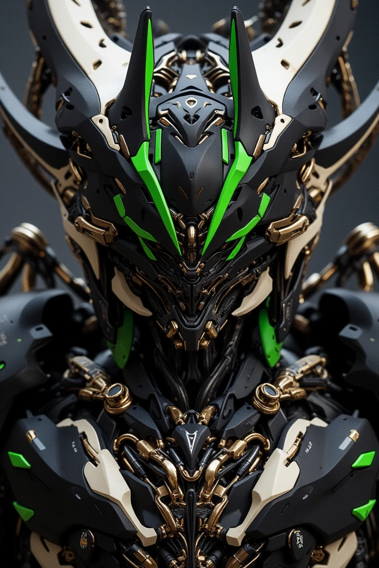 Black mecha, green and white, closeup