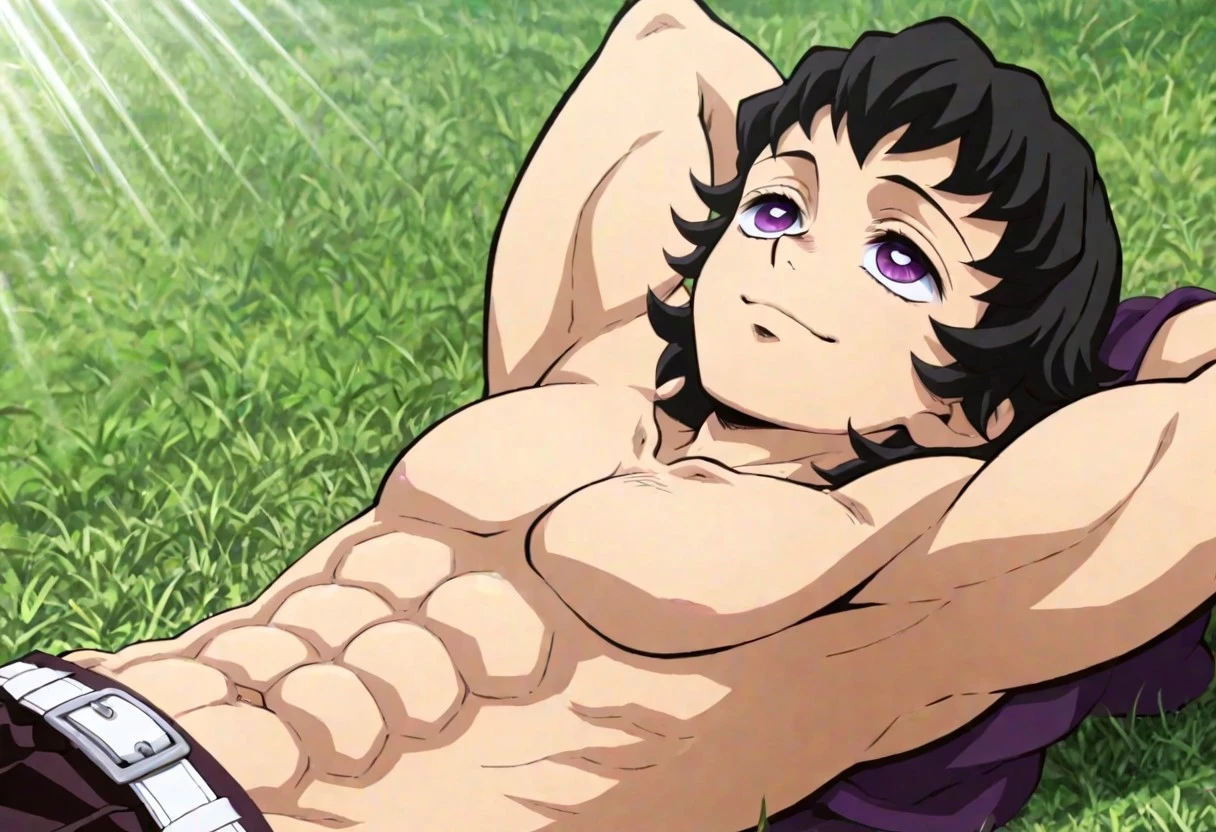 High quality, high definition, very clear, perfect eyes, perfect , anime, anime style, anime screencap, anime coloring, anime official art, 1male only, 1boy only, male focus, solo male, handsome, bishounen, good-looking male, very attractive male, , cute, charming, Demon Slayer: Kimetsu no Yaiba male body style, muscular, lean body, toned body, shirtless, muscular, biceps, pecs, six-pack abs, laying on grass, arms behind head, armpits, relaxing, resting, relaxed expression, hooded eyes, smile, sun rays, looking up at the sky