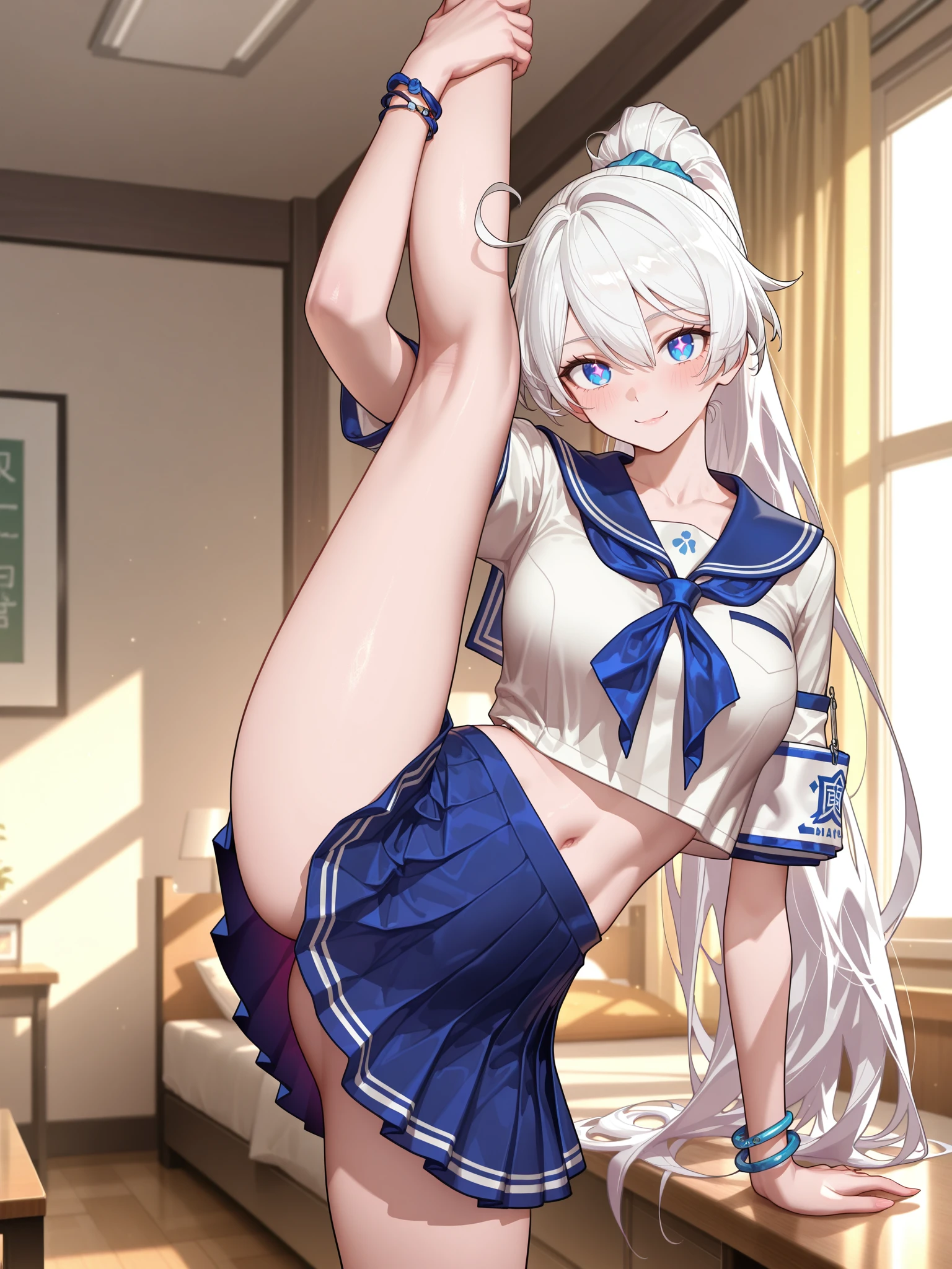 girl,serafuku,skirt lift,wearing no underwear,female genitalia,((flat chest)),slender,long hair,(loli),white hair, cross room