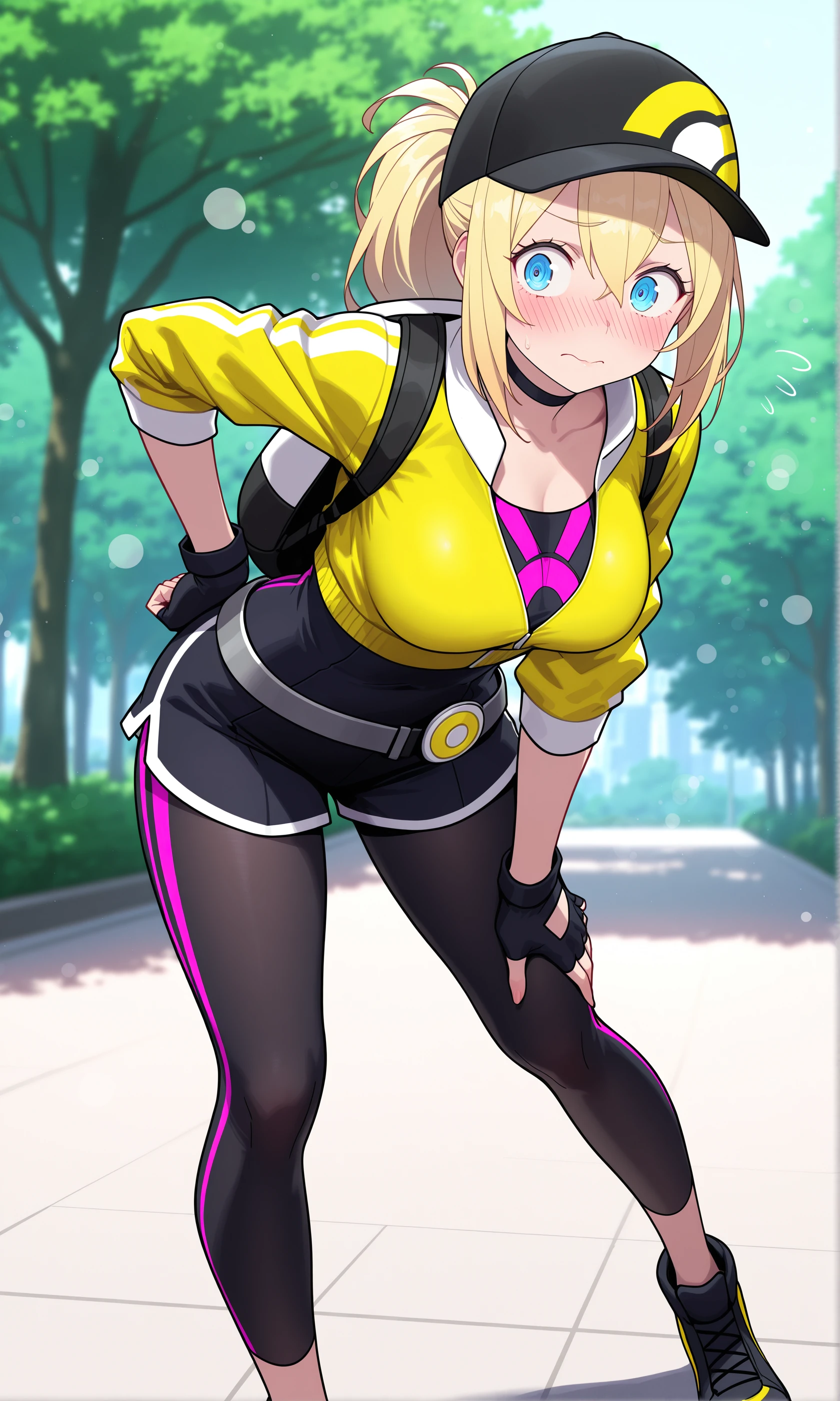 Best quality, medium breasts, curvy, dark brown skin, long blond hair, yellow eyes, slutty, gyaru, full lips, seductive, jog, darkskin, tan, sprinting, jogging, jogging clothes, taking a jog, sexy smile, outside, red clothes