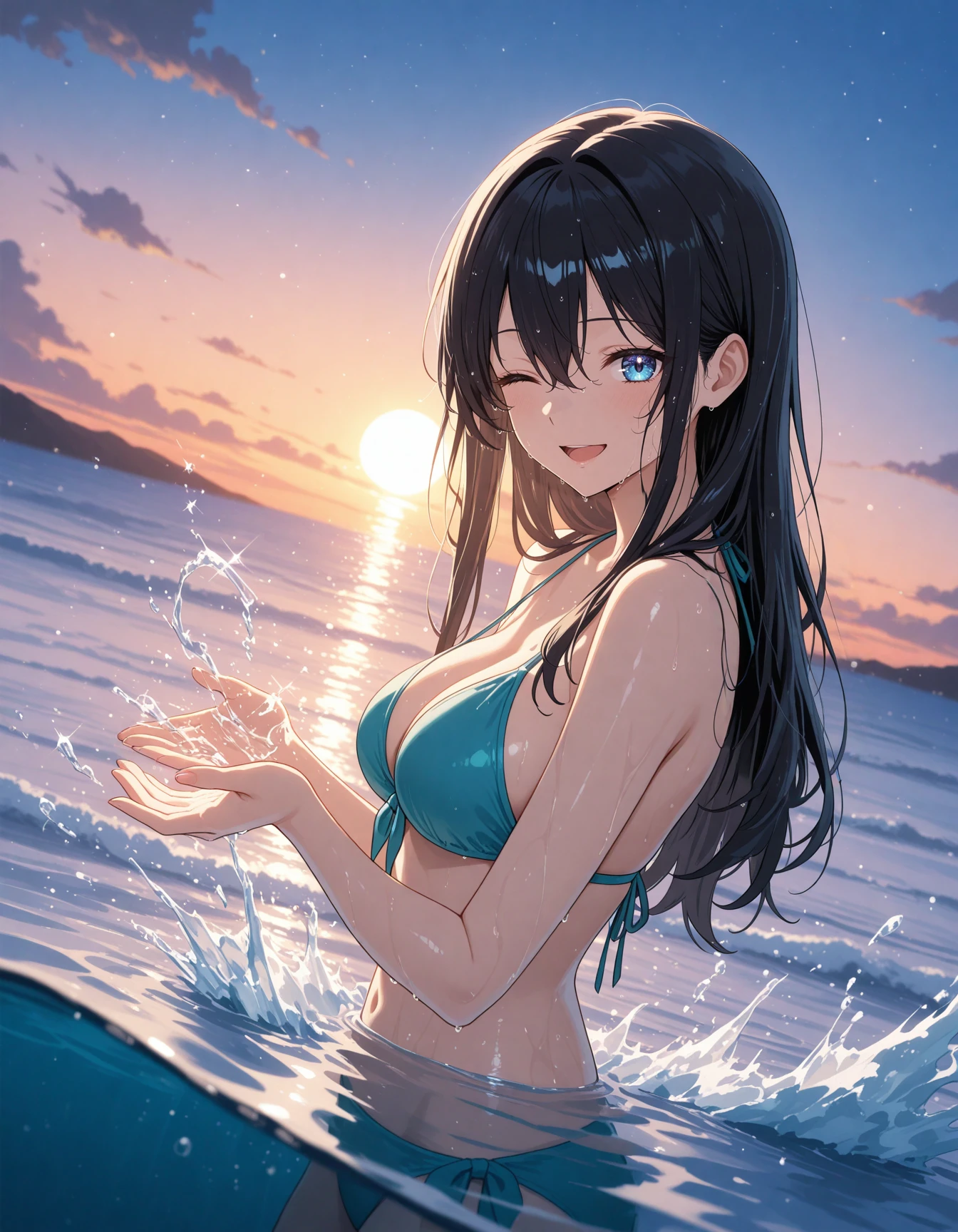 <lora:minamiya-000016:1>,(master piece:1.3),(best quality:1.3), cowboy shot, (1girl:1.2), solo,medium breasts, (seductive smile:1.3), (black hair:1.2), (blue eyes:1.2), long hair,(string bikini:1.3), standing, looking at viewer, (sea:1.3),(starry sky:1.3) ,beach, water,<lora:pastelMixStylizedAnime_pastelMixLoraVersion:0.8>