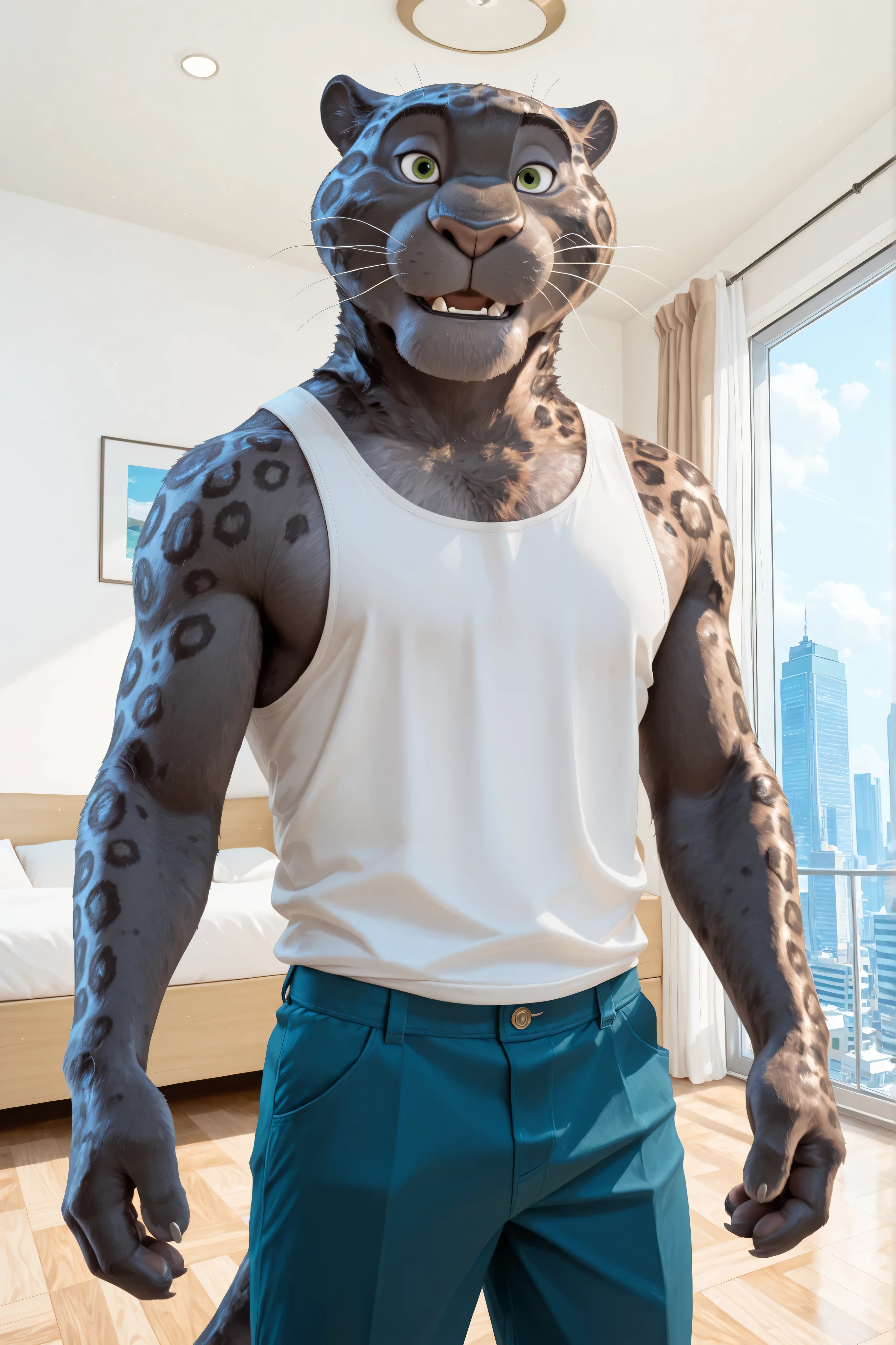 detailed background, detailed fur, cowboy shot, pose, ManchasZtpa, black jaguar, solo, 1boy, adult male,  expression, smile, bedroom eyes, white tank top, blue pants, city skyline background, looking at viewer, dynamic pose, floor to ceiling details, beautiful scenery, 4k resolution, 8k resolution, best quality, very aesthetic, newest, masterpiece, best quality, amazing quality, very aesthetic, absurdres, newest, high res, ultra detailed, best quality, best artwork, anthro hands, 4k, ultra quality, perfect face, absurdres,masterpiece,best quality,amazing