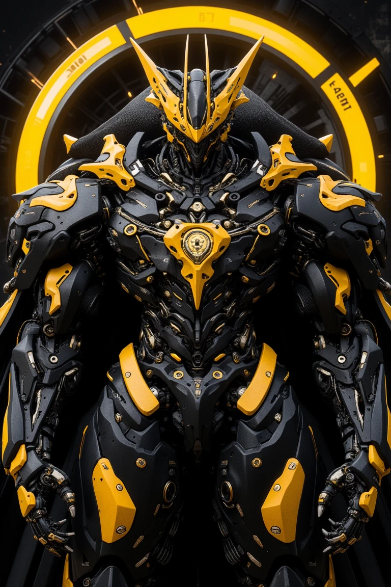 Black and yellow mecha, closeup, High tech circular aura, side capes, flags